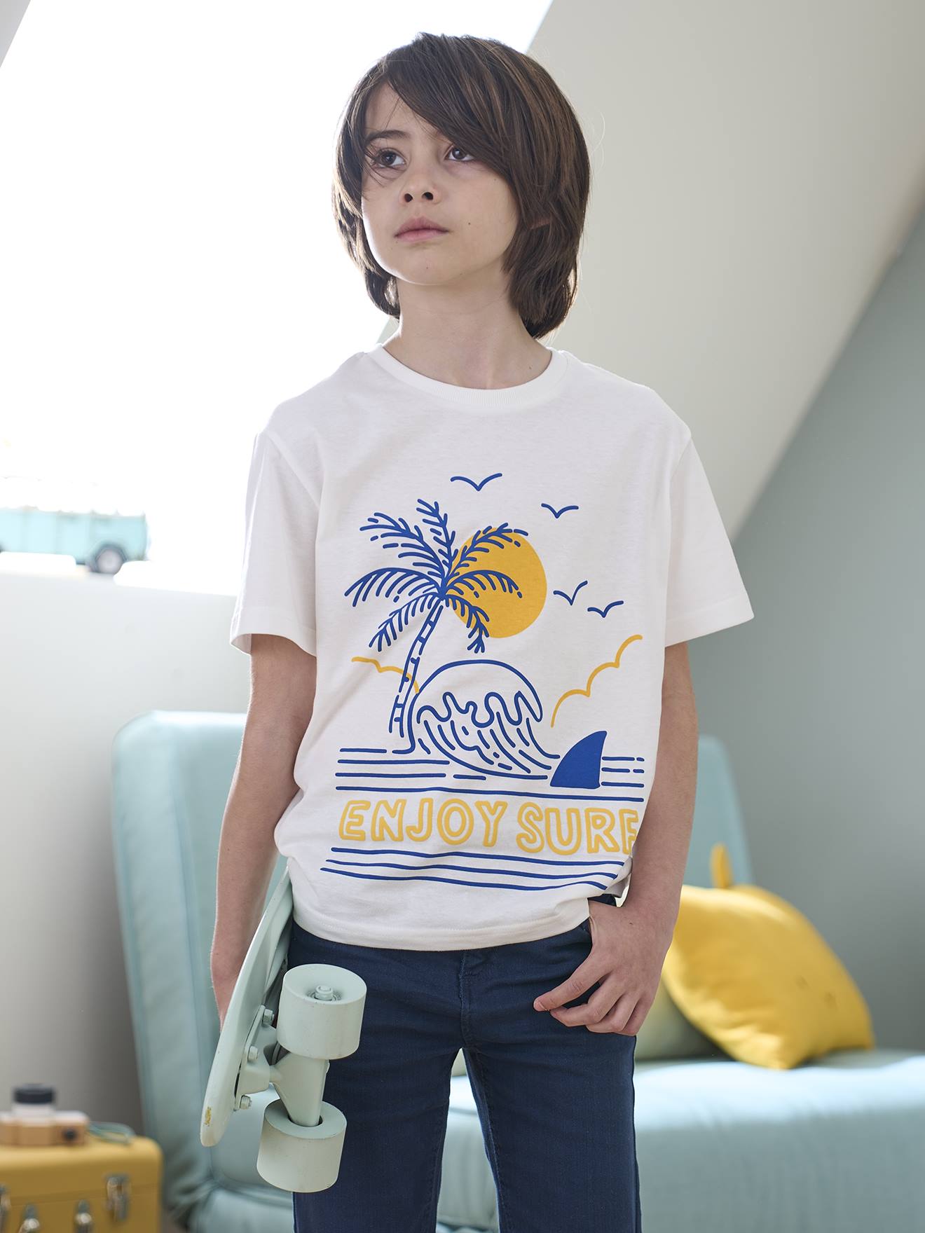 T-shirt motif paysage détails encre gonflante garçon écru