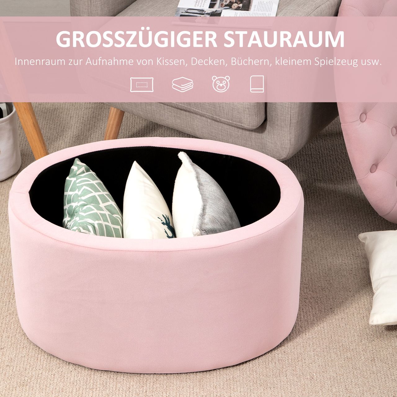 HOMCOM Sitzbank Polsterbank mit Stauraum Truhenbank Ovale Form Flur Schlafzimmer Wohnzimmer samtartiges Polyester Gummiholz Rosa 71 x 52 x 42 cm