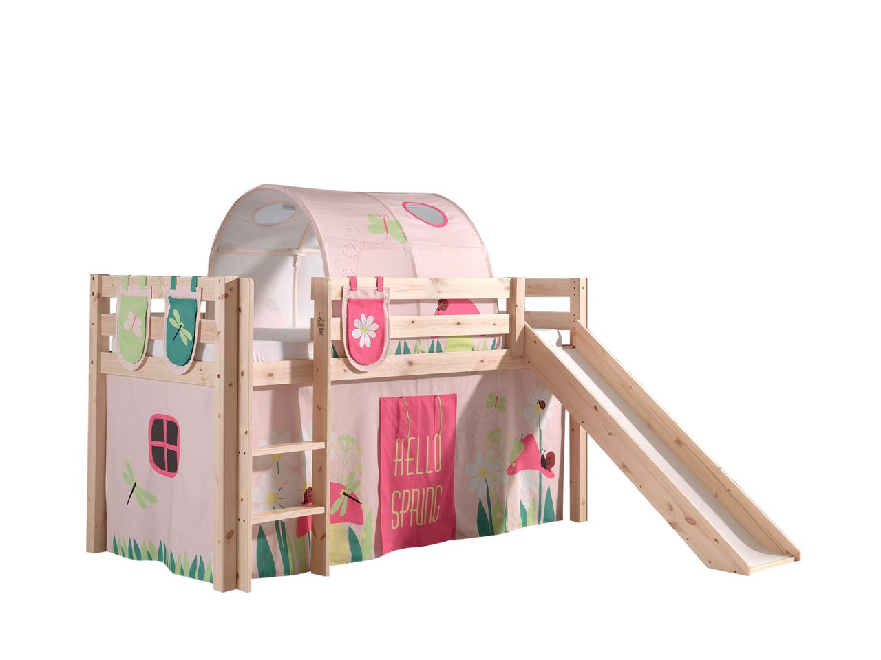 VIPACK Spielbett Pino inkl. Rutsche mit Textilset Vorhang, Tunnel und 3 Taschen 