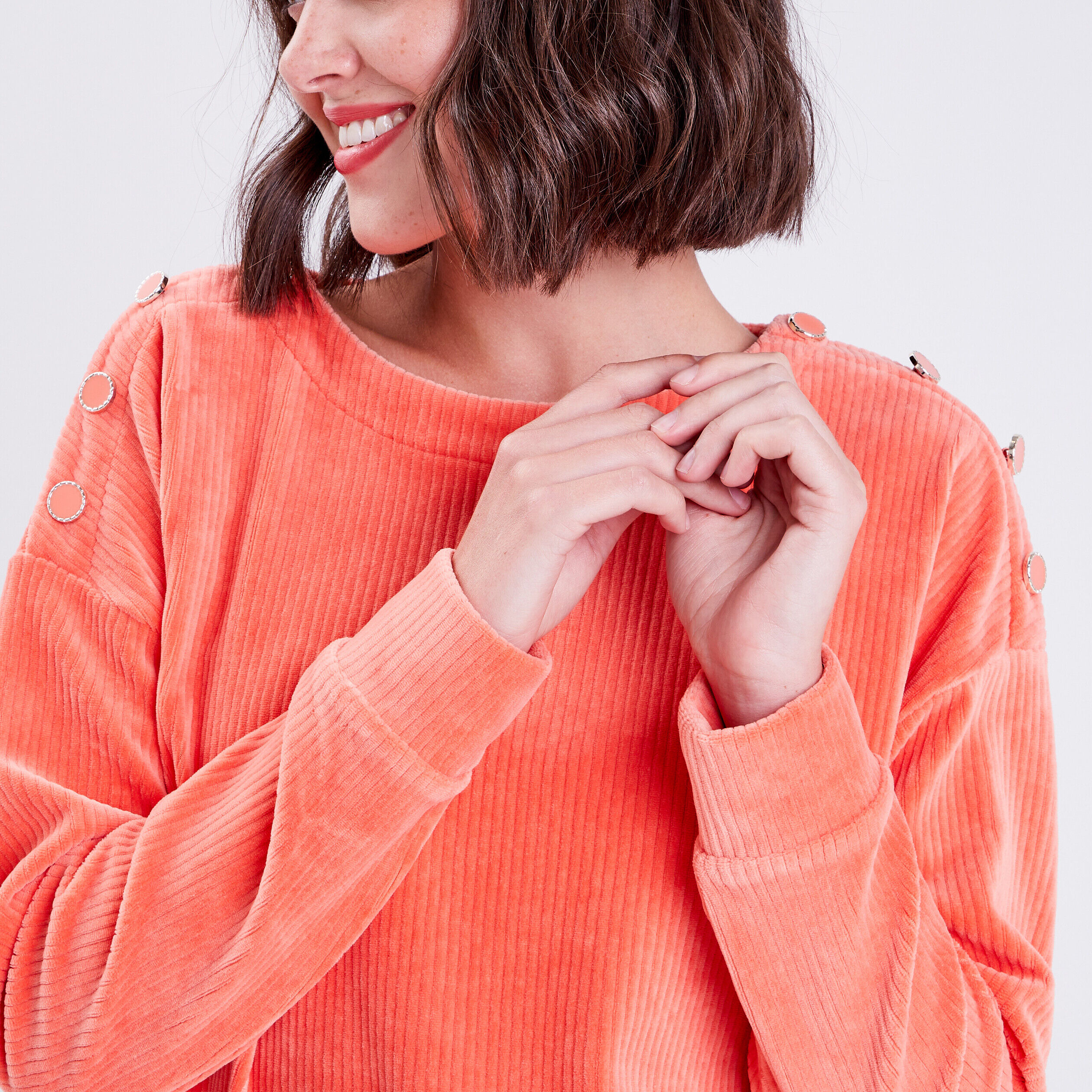 Sweat manches longues velours orange corail femme | Cache Cache