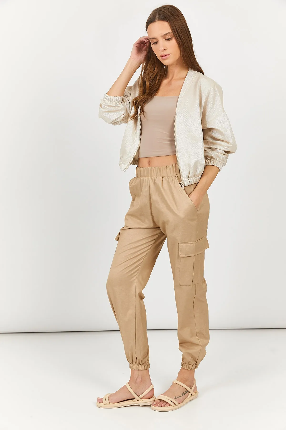 armonika  Damen-Cargohose mit elastischem Bund und Beinen in Beige, Arm-23y001068