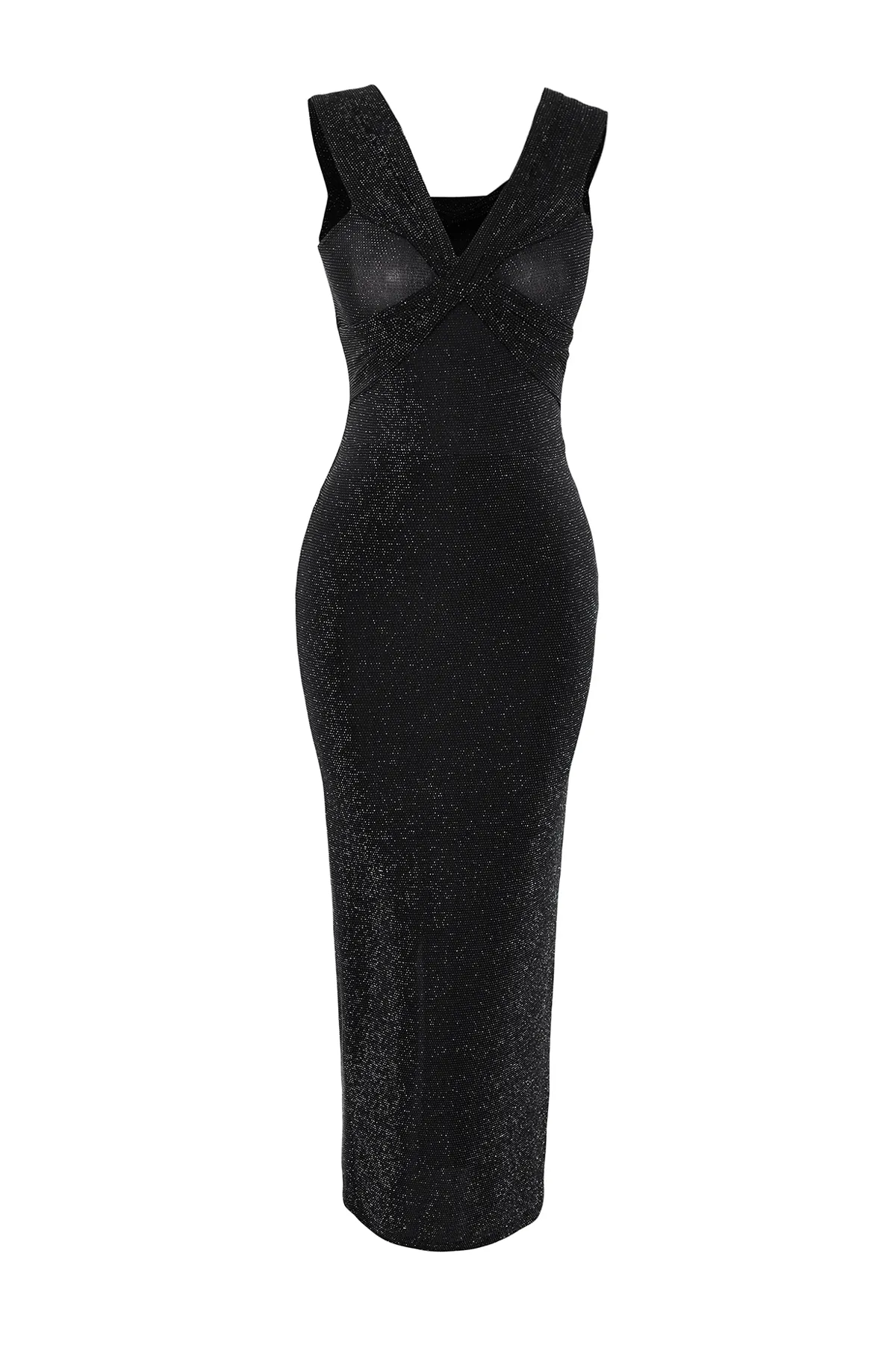 Trendyol Collection  Schwarz-Graues, tailliertes, glitzerndes Fenster/Ausschnitt, detailliertes glitzerndes, elegantes Abendkleid TPRSS24EL00033