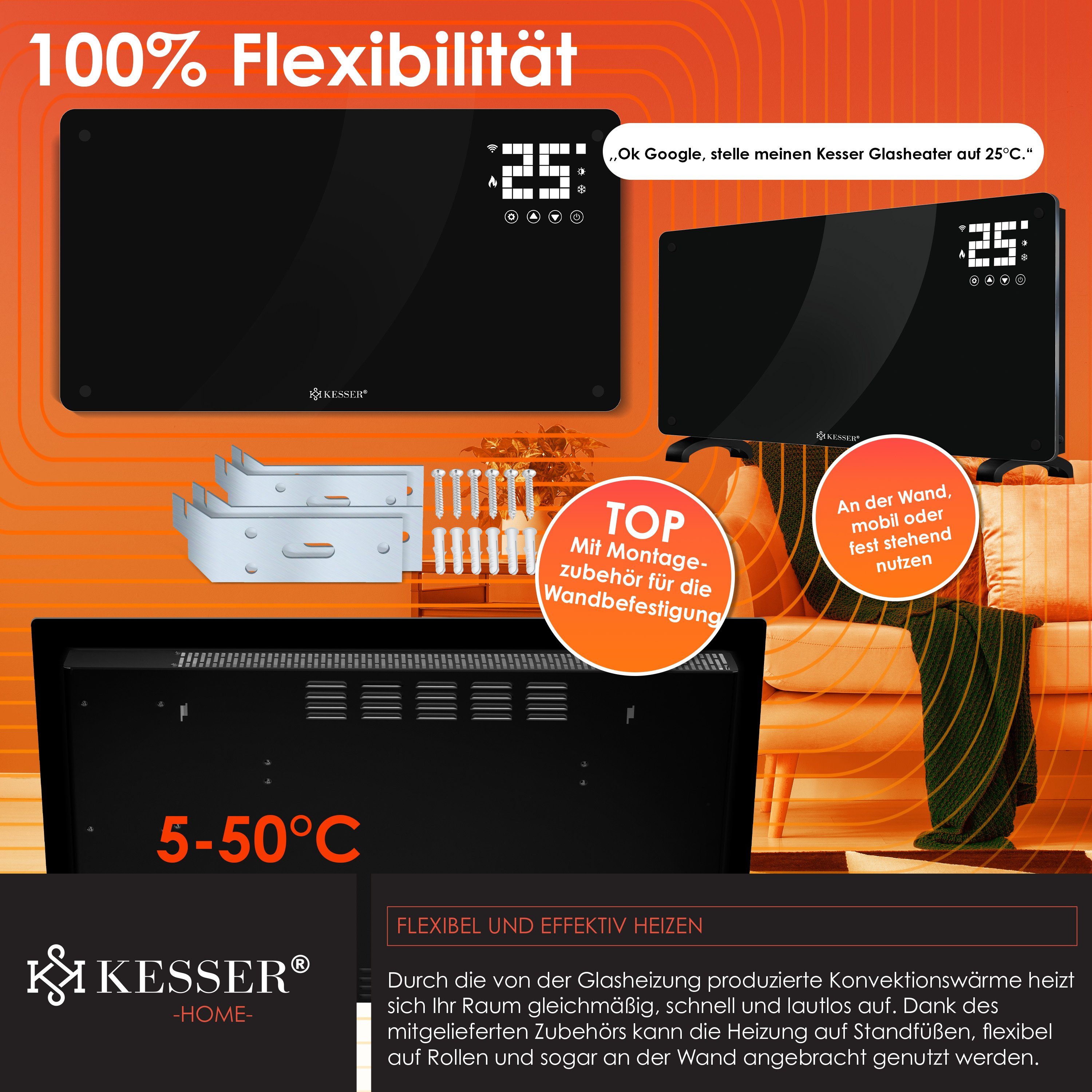 KESSER Heizgerät, 2500 W, Glaskonvektor Glas Heizung Elektroheizkörper APP WiFi + Fernbedienung