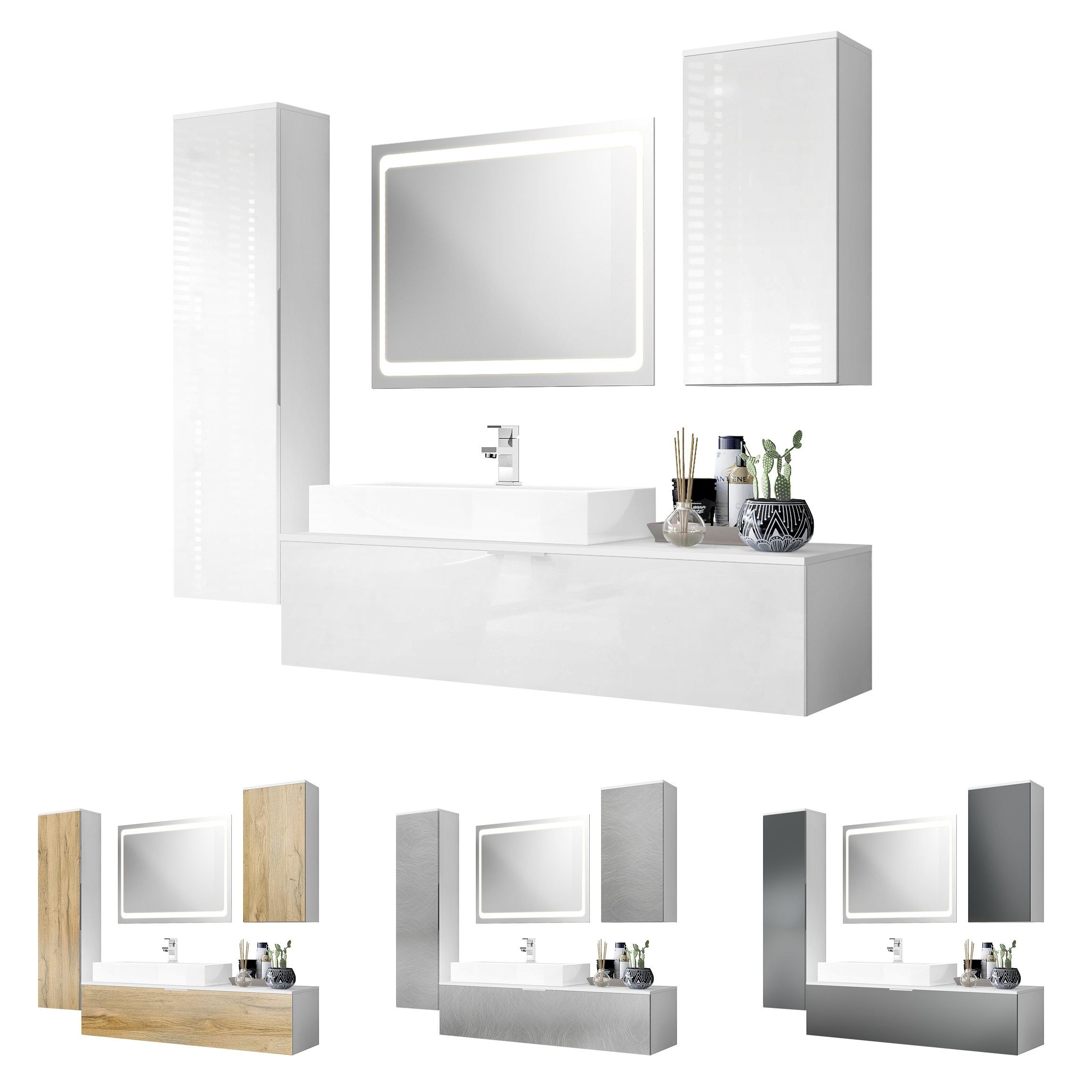 Vladon Badmöbel-Set Beach, (Badezimmer-Set, 3-St., mit 2 Hochschränken und 1 Unterschrank), Korpus Weiß matt/Fronten Weiß Hochglanz (189 x 193 x 51 cm)