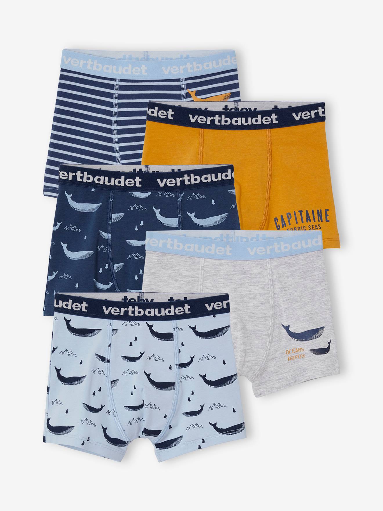 Lot de 5 boxers stretch garçon baleines lot bleu