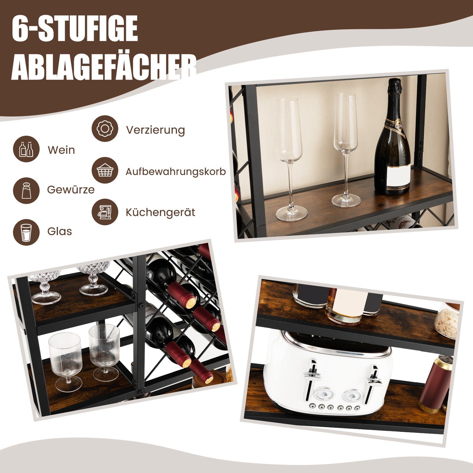 COSTWAY Weinregal, stehend, Metall, für 27 Flaschen, mit Glashaltern & Regal