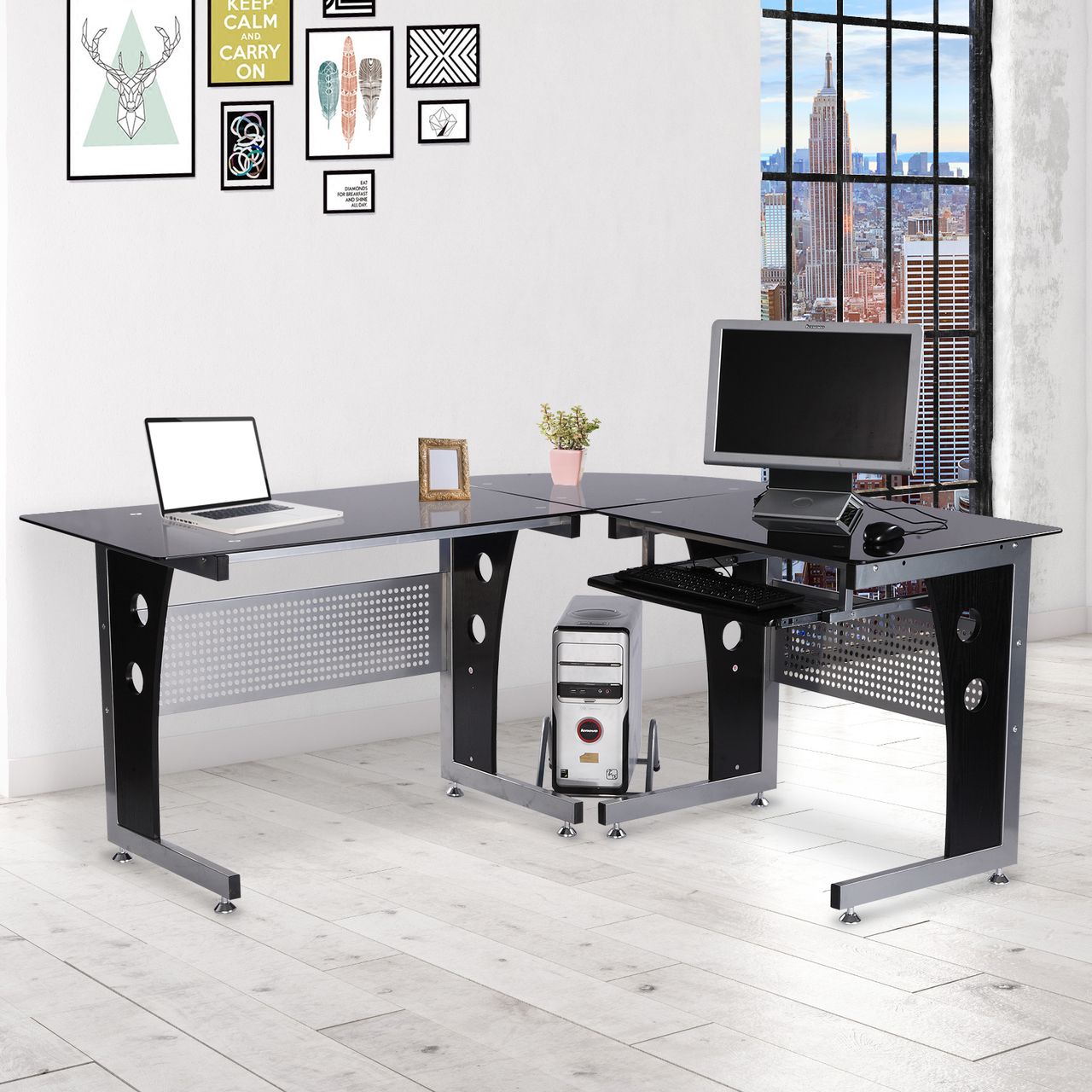 HOMCOM Computertisch Eckschreibtisch PC Tisch Bürotisch mit Sicherheitsglas Büro