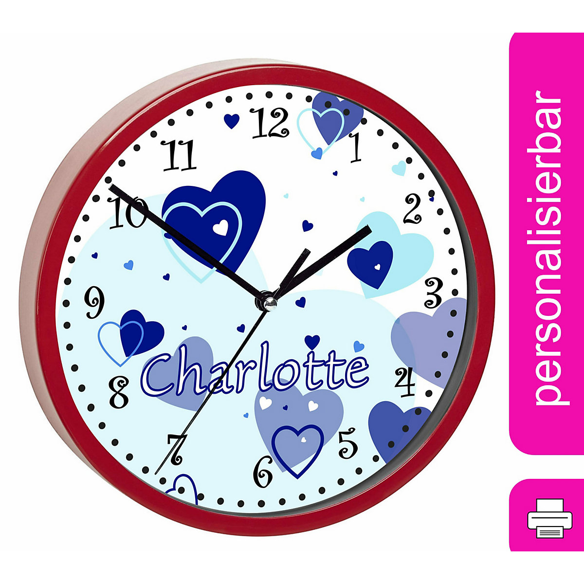 Kinder Wanduhr personalisiert mit Name Herz Blau