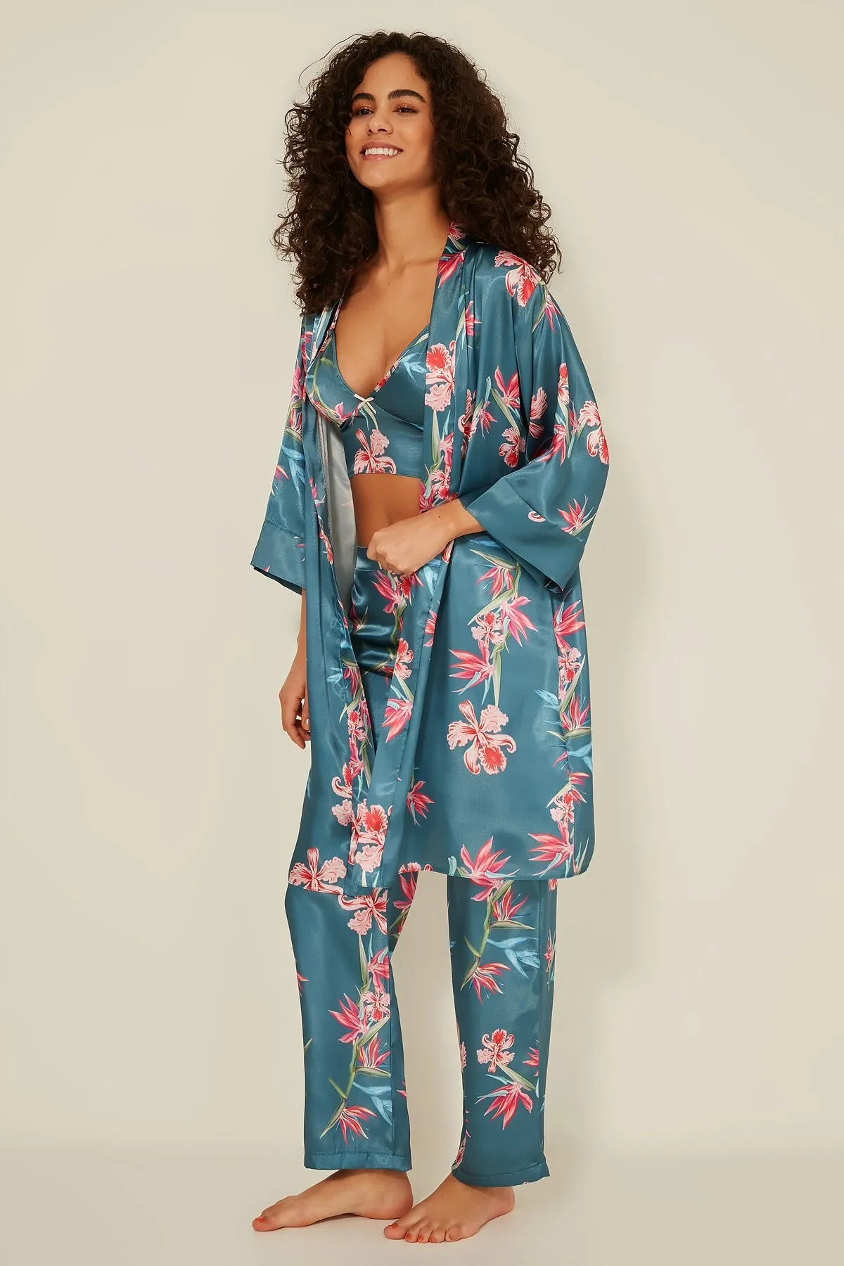 C&City  045 Gemustertes 3-teiliges Satin-Pyjama-Set für Damen, Türkis