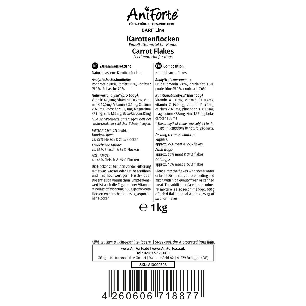 Aniforte Ergänzungsfutter & Aufzucht Aniforte BARF- Line Karotten-Möhrenflocken 1kg