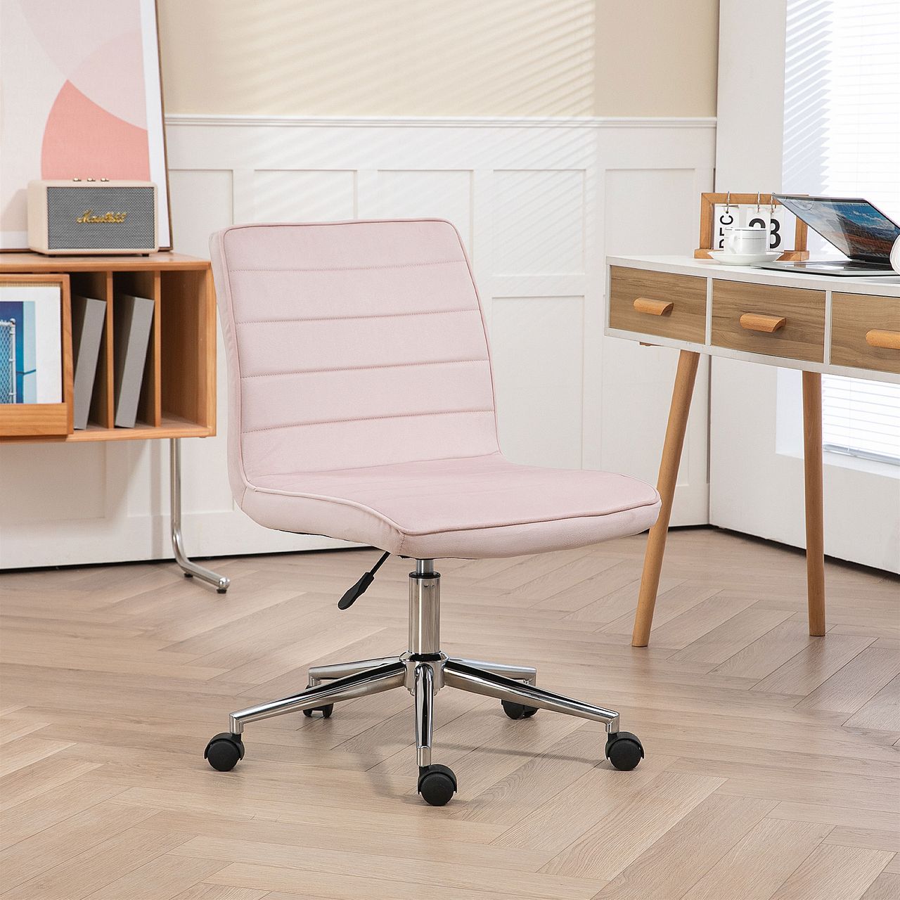 HOMCOM Bürostuhl, Höhenverstellbar Schreibtischstuhl ohne Armlehne, Rosa
