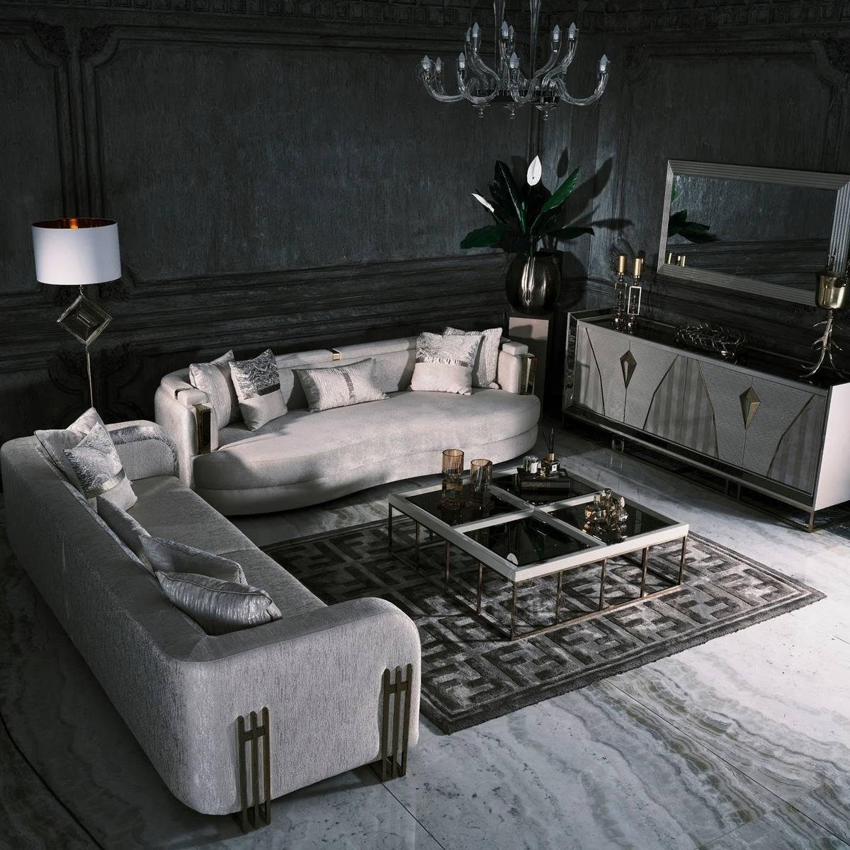 JVmoebel Wohnzimmer-Set Komplette Couchgarnitur Dreisitzer Stoffsofa Set 8tlg Wohnzimmer Groß, (8-St., 2x Sofa 3 Sitzer + 4x Couchtische + 1x Sideboard + 1x Spiegel), Made in Europa