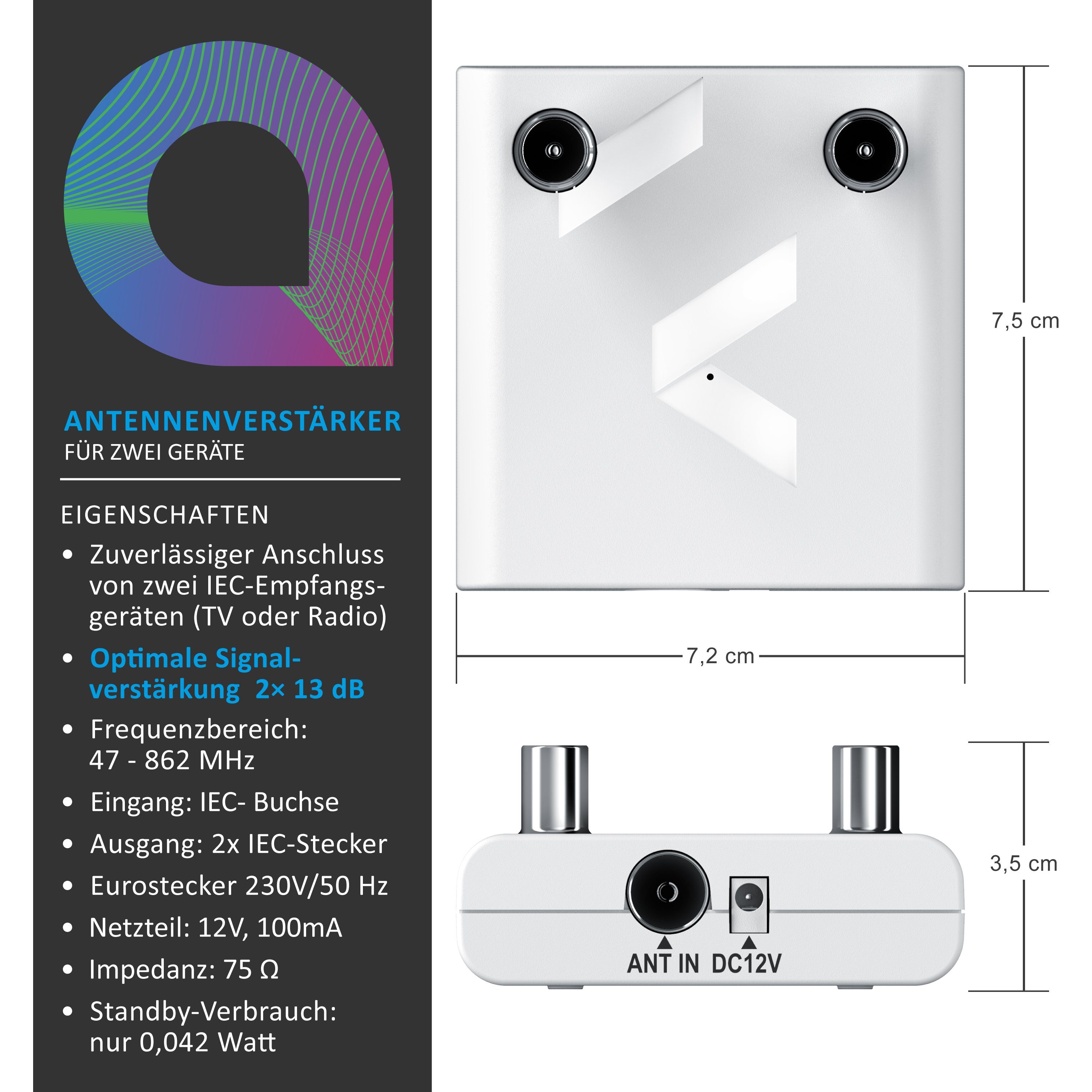 Aplic Verstärker (DVB-T2, Kabel TV, Radio Antennenverstärker, 2x 13 dB Signalverstärkung)