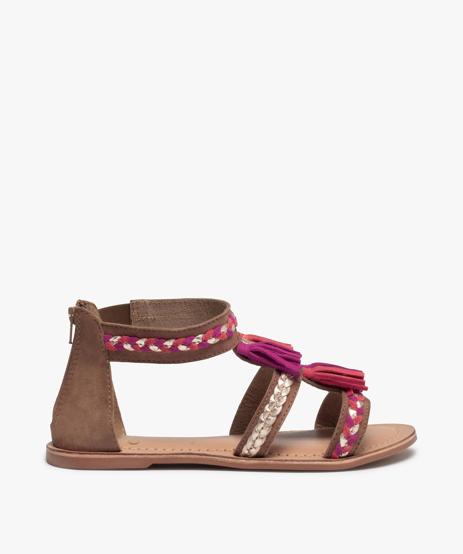 Sandales fille zippées à brides et pompons en cuir marron | GEMO