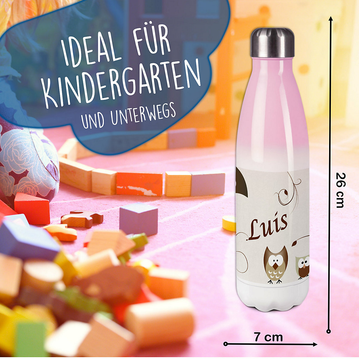 Edelstahl Kinder Thermoflasche / Trinkflasche bunt Eule Farbe beige Spülmaschinenfest, Auslaufsicher, Bruchfest, Doppelwandig, Für Heißgetränke geeignet, Mit Deckel, Isoliert