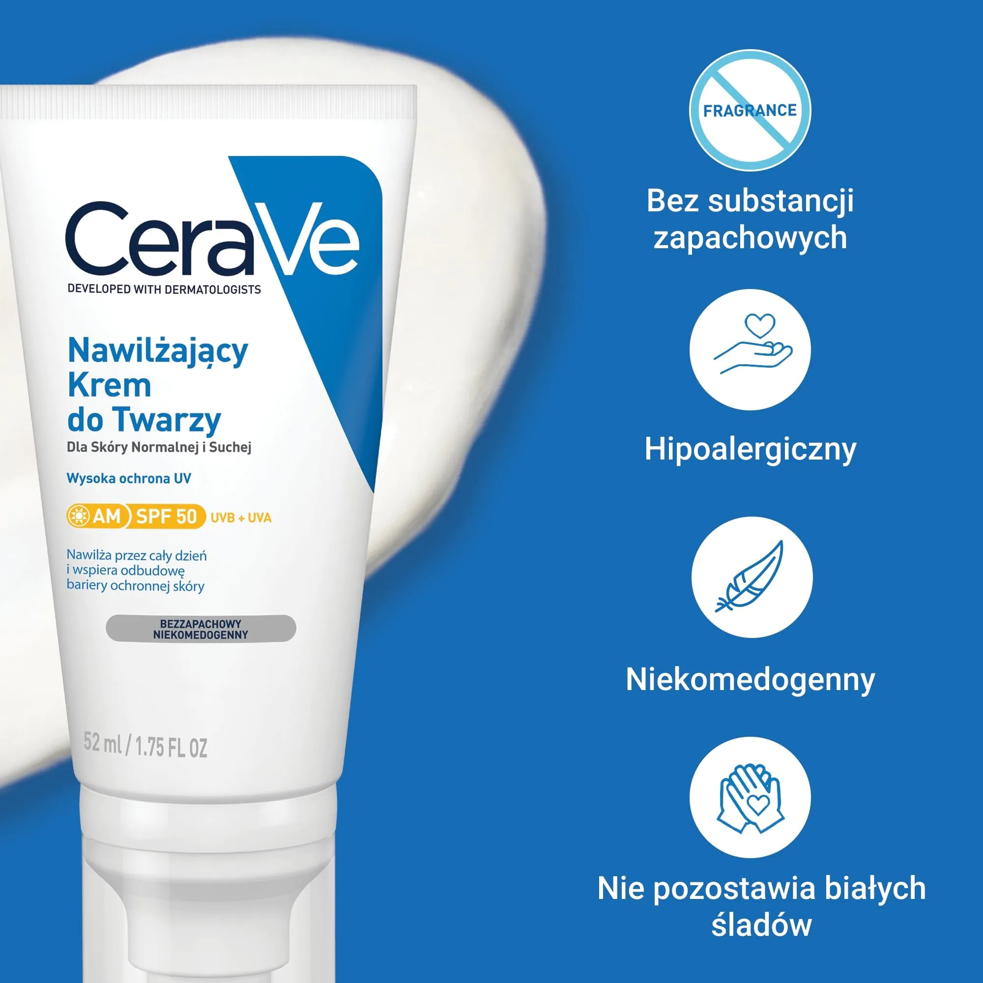 „CeraVe“ drėkinamasis veido kremas su SPF 50 normaliai ir sausai odai