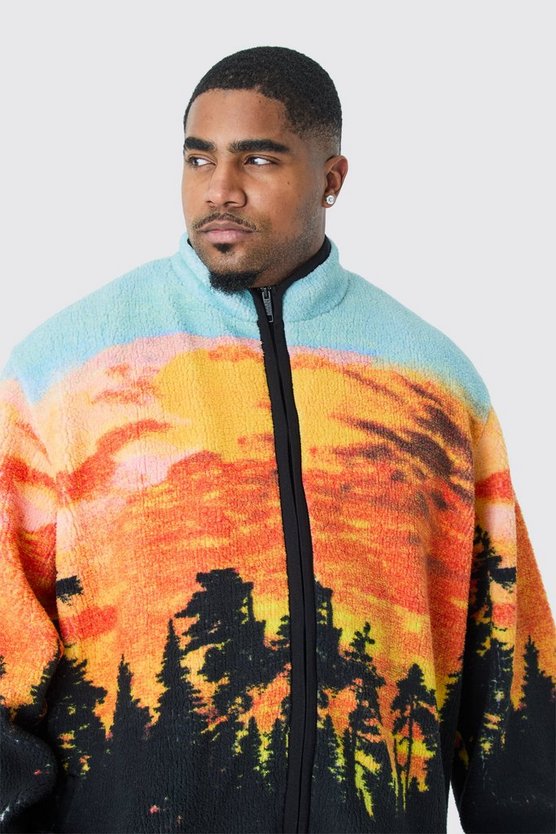 Plus Oversized Landscape Print Borg Funnel Neck Jacket