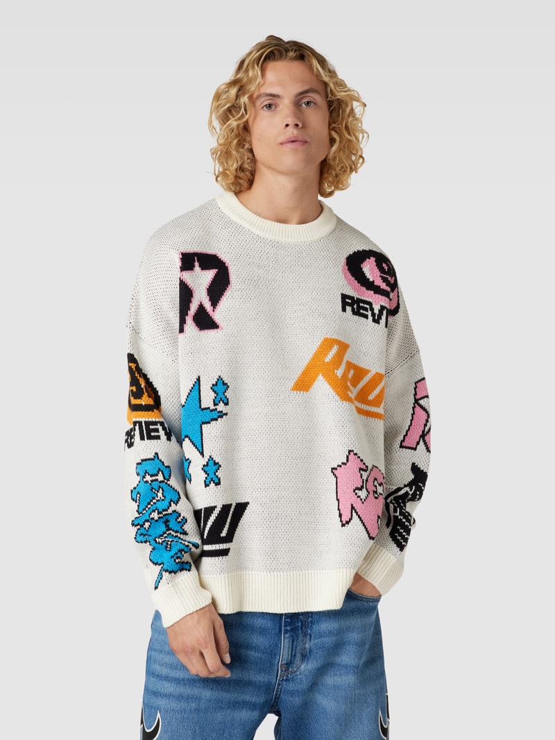 Oversized Strickpullover mit Motiv-Prints in ecru