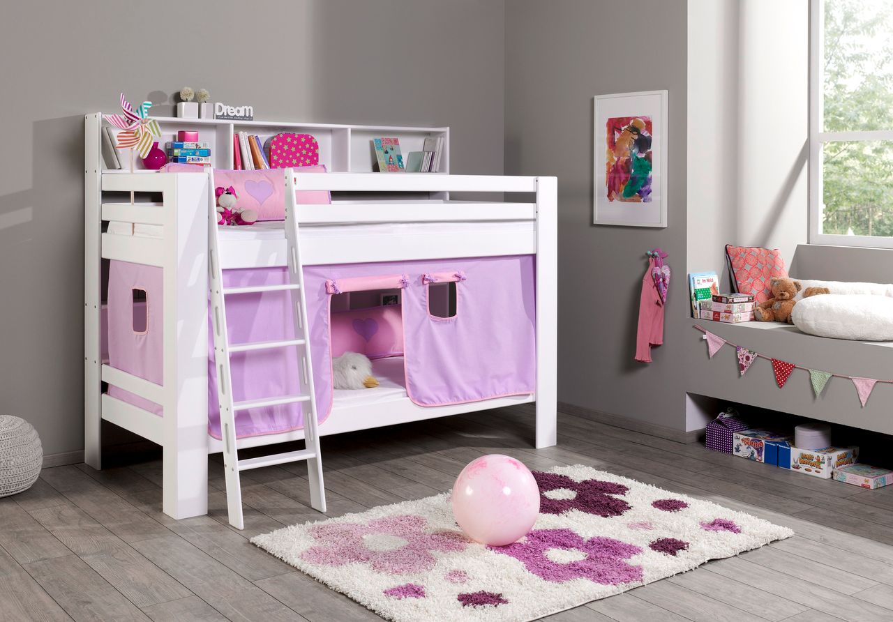 Relita Etagenbett Jan mit Bücherregal und Vorhang purple/rosa