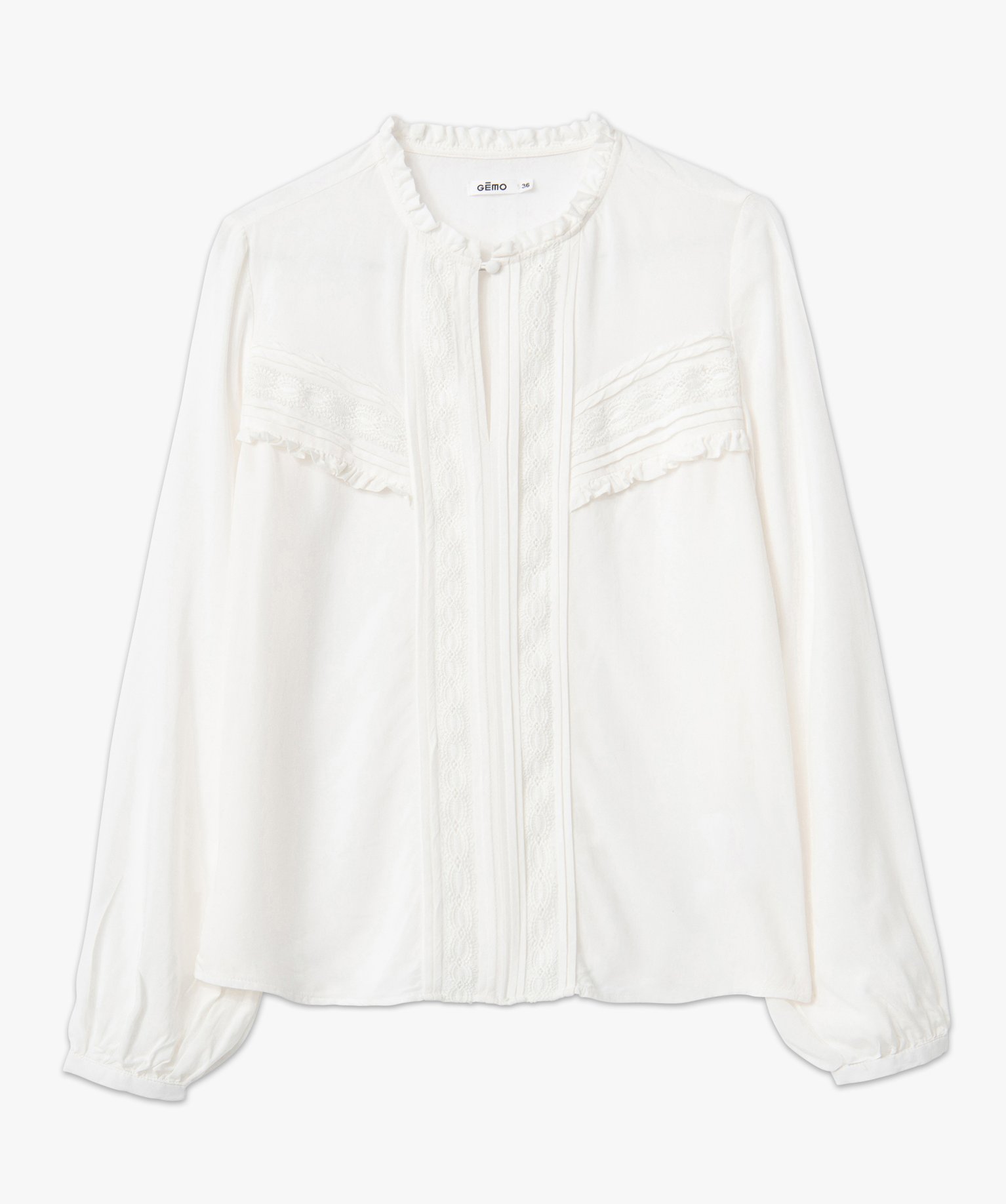 Blouse femme à manches longues avec empiècements dentelle ecru | GEMO