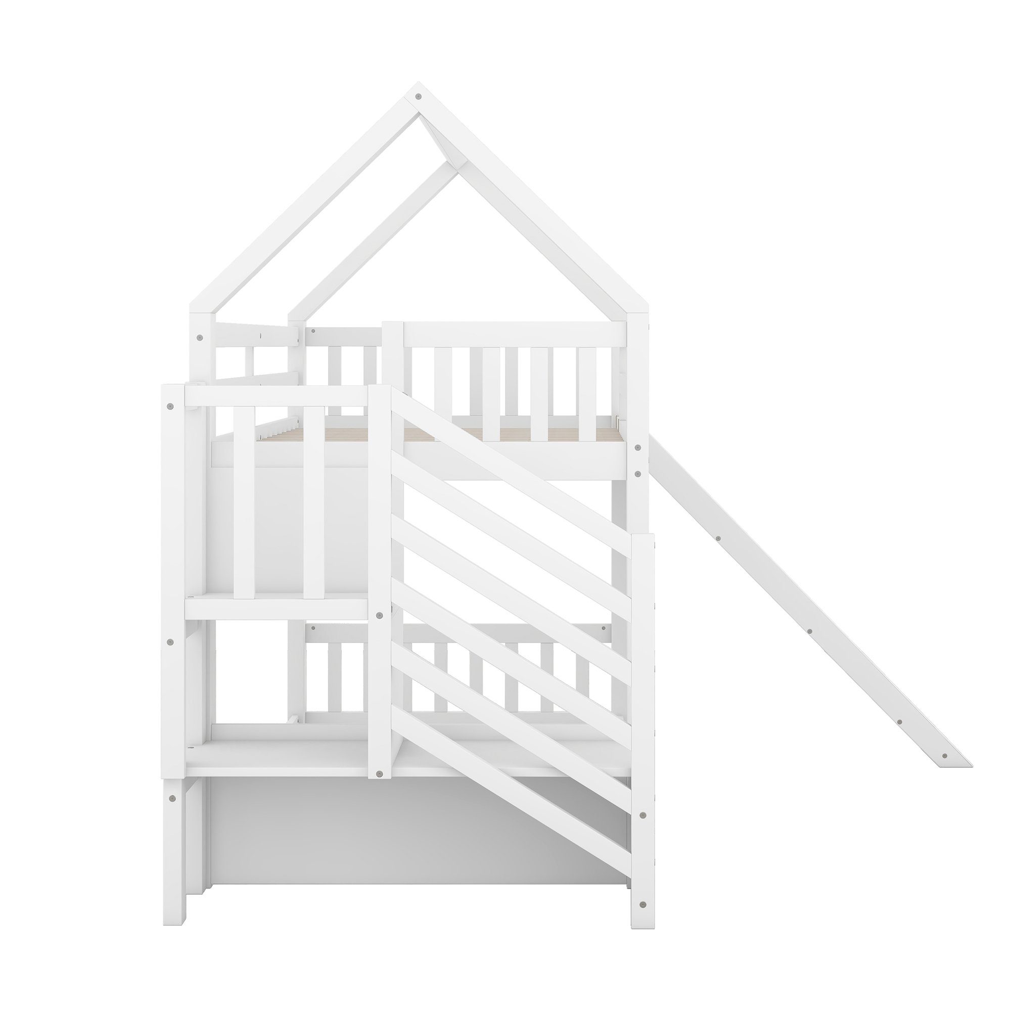 OKWISH Bett Etagenbett, Kinderbett, Hausbett 90x200cm (mit Stauraumtreppe und Rutsche, mit Geländer), geeignet für Kinder, Jugendliche, Ohne Matratze