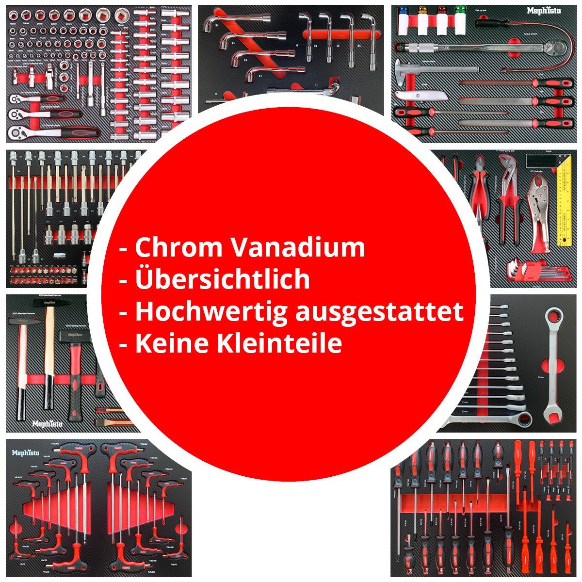 Mephisto-Tools Werkstattwagen, (fertig montiert und bestückt), 9 abschließbare Schubladen, Werkzeug ist aus hochwertigem CRV