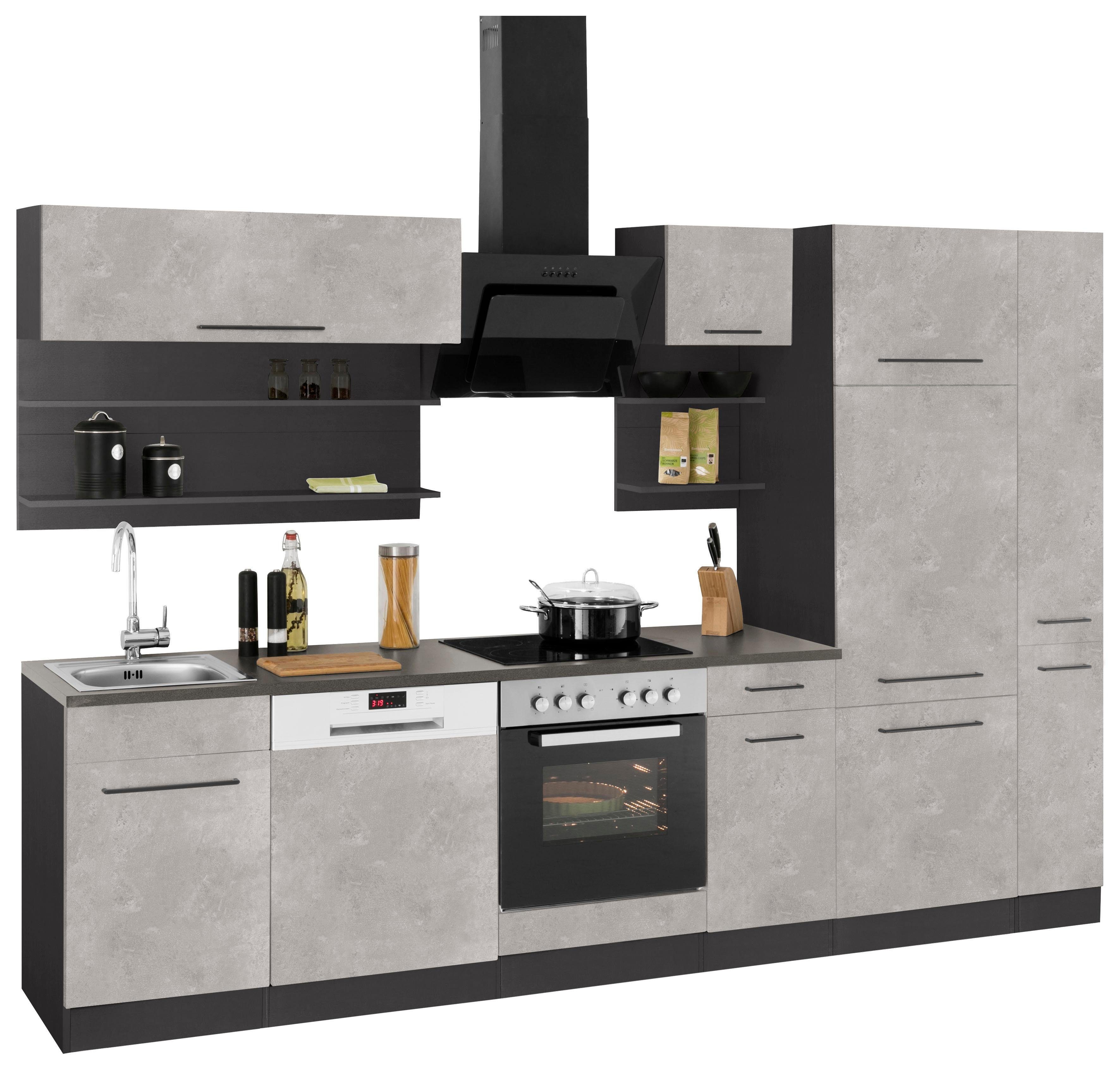 HELD MÖBEL Küchenzeile Tulsa, mit E-Geräten, Breite 300 cm, schwarze Metallgriffe, MDF Fronten