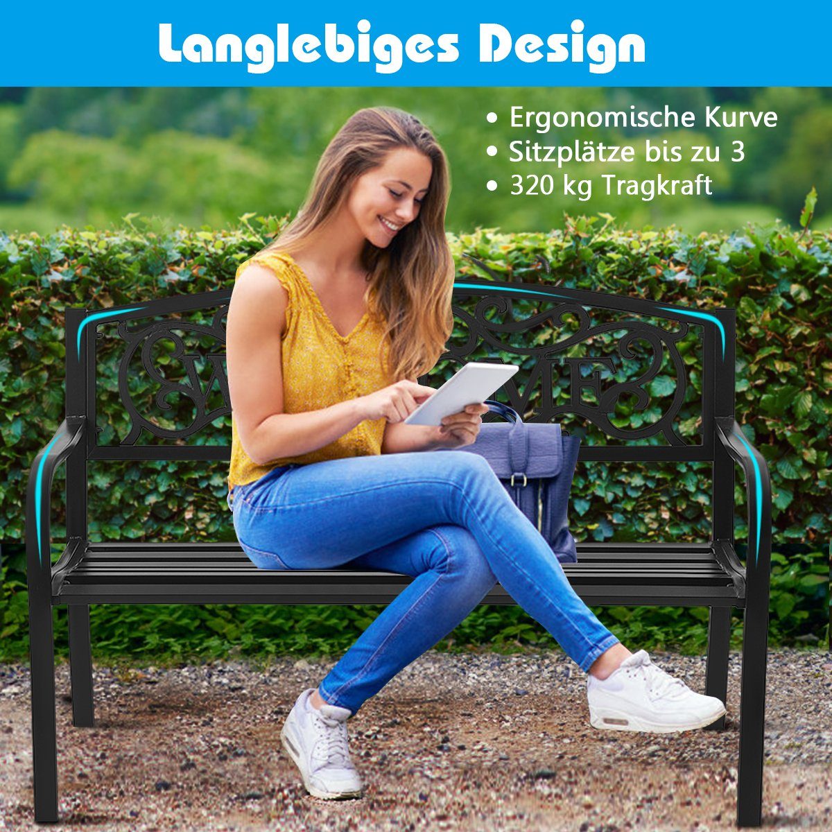 COSTWAY Gartenbank, mit Rückenlehnen, bis 320kg belastbar, 127 x 63,5 x 89cm