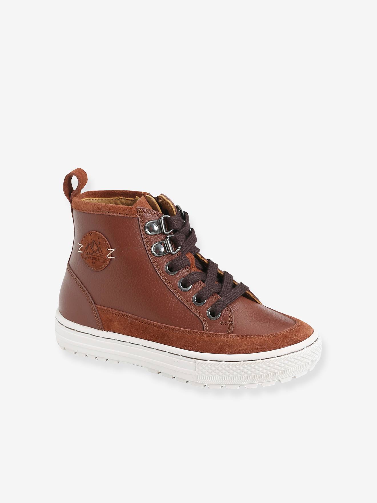 Baskets montantes cuir garçon lacées et zippées marron