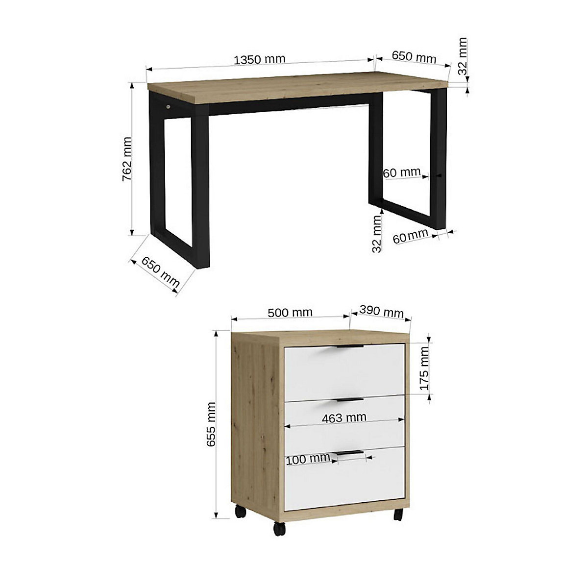 Schreibtisch Set mit Rollcontainer Maro 135x65x75cm schwarz weiß Artisan Eiche
