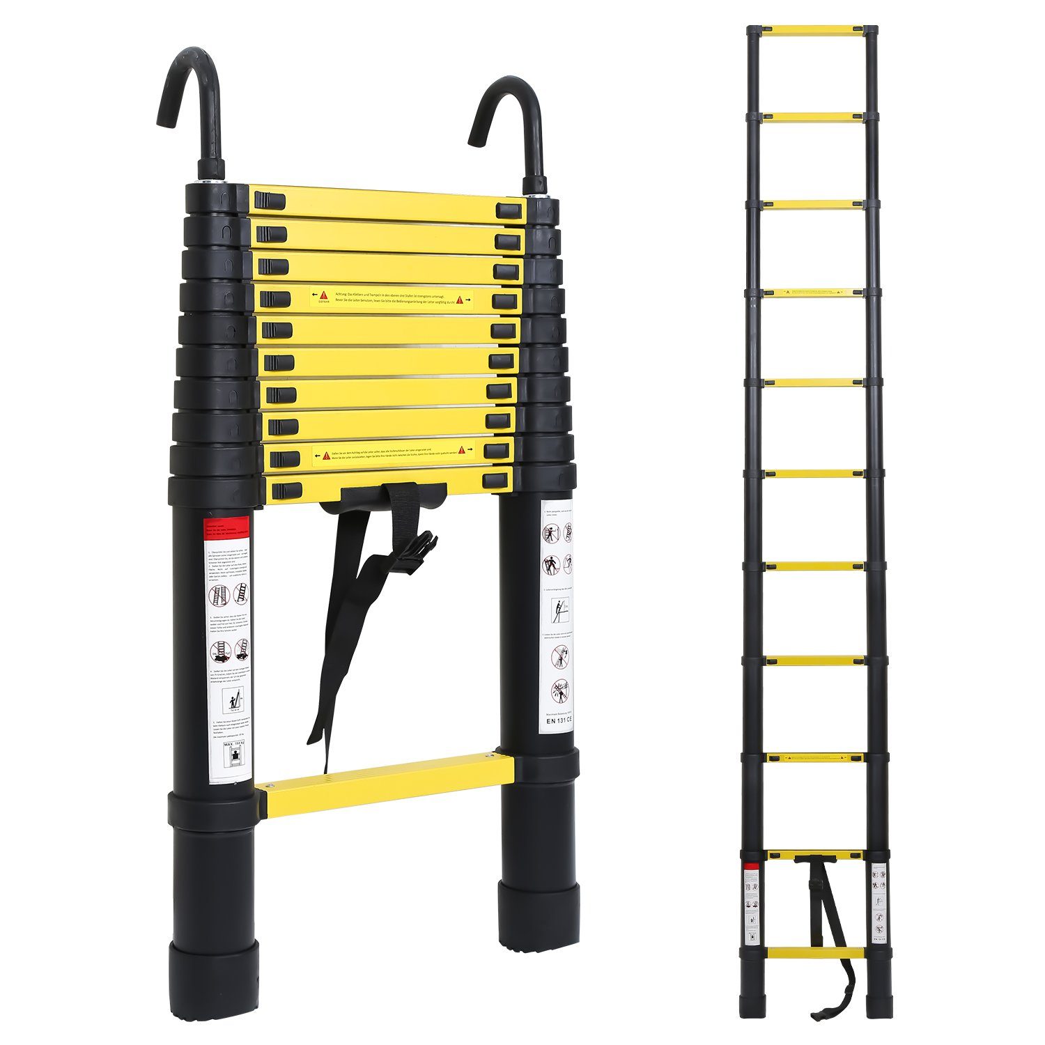 Lospitch Teleskopleiter Teleskopleiter Alu 3.2m Ausziehleiter Anlegeleiter mit haken