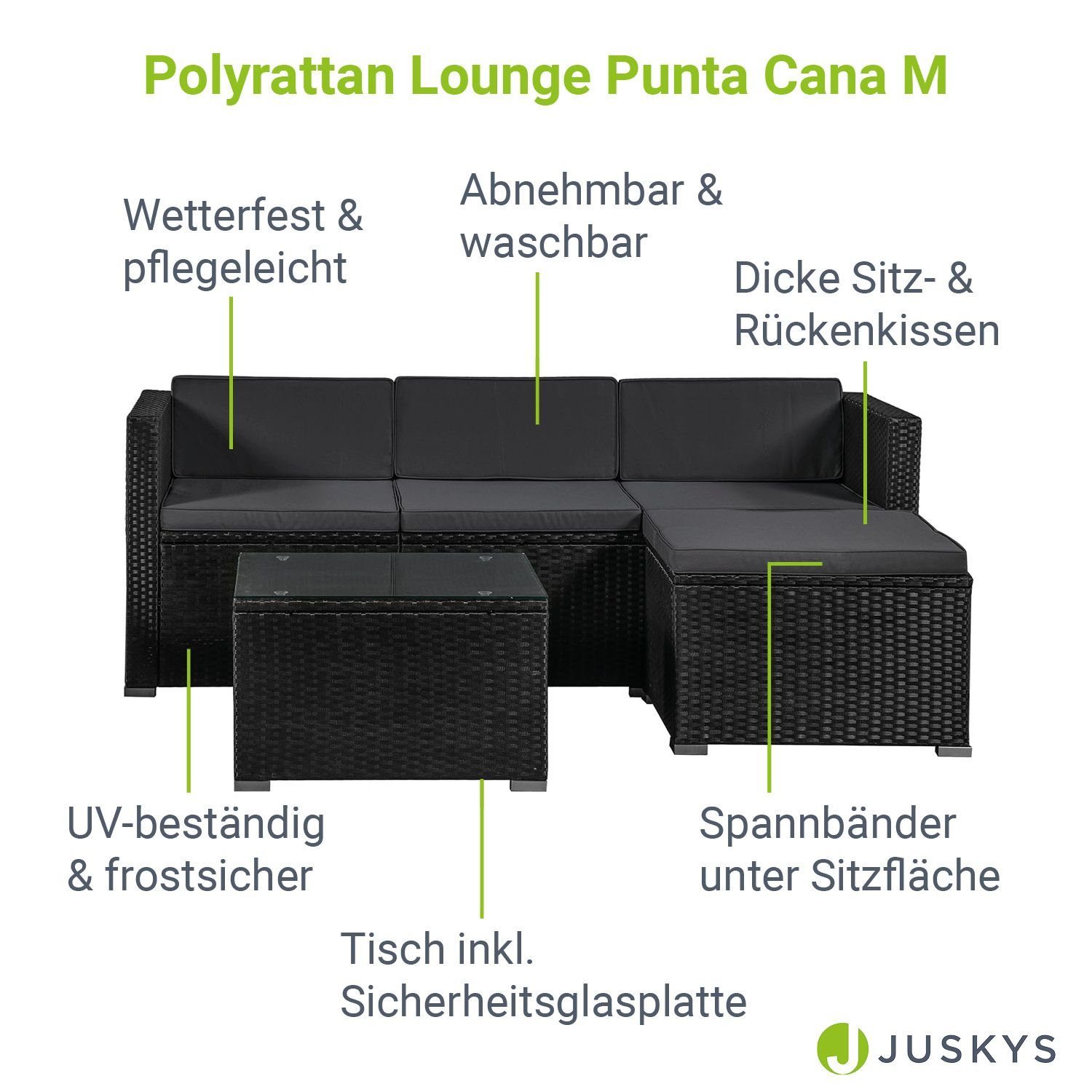 Juskys Gartenlounge-Set Punta Cana, (Set, Sitzgruppe), Polyrattan Sitzgarnitur mit 1 Tisch, 1 Sofa und 1 Hocker