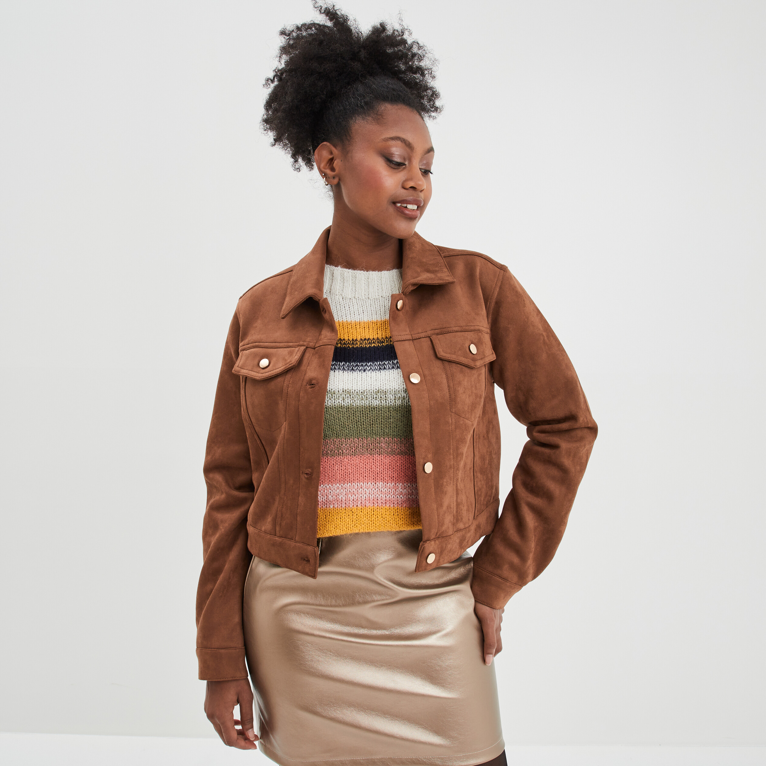 Veste suédine ajustée boutonnée marron foncé femme | La Halle