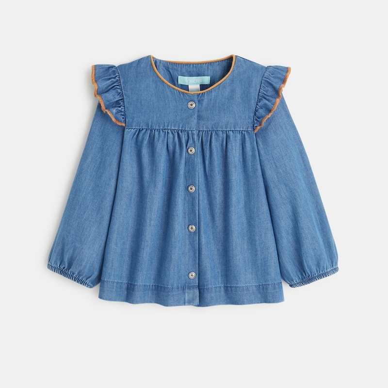 Blouse denim à volants bleue bébé fille