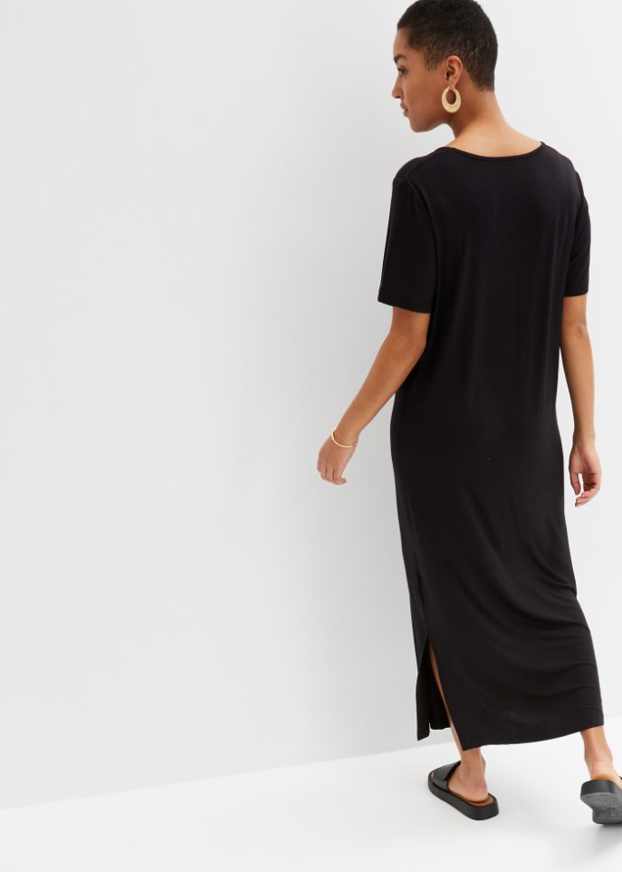 Bequem geschnittenes Shirt-Kleid mit Schlitz in Midi-Länge