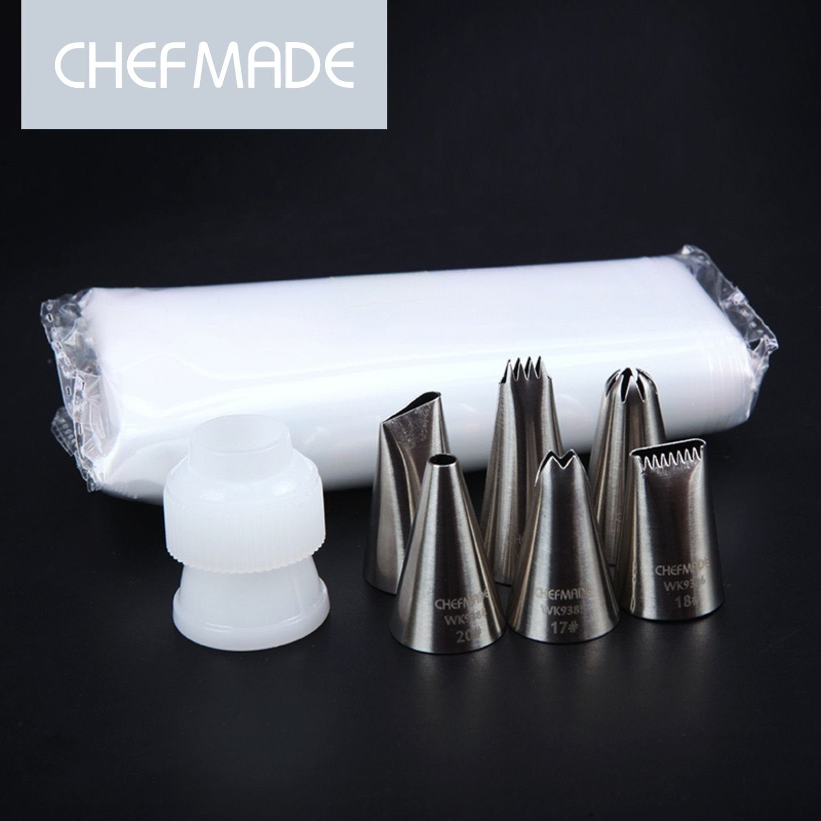 Chefmade Spritzbeutel Mehrwegspritzbeutel 15tlg Set Set zum Backen (CHEFMADE, 17 tlg Spritztüllen und Spritzbeutel Set zum Backen, Modellierwerkzeug, Torten modellieren, Torten dekorieren, Mini Teigschaber, Backzubehör, Backhelfer, Backwerkzeug, Prem