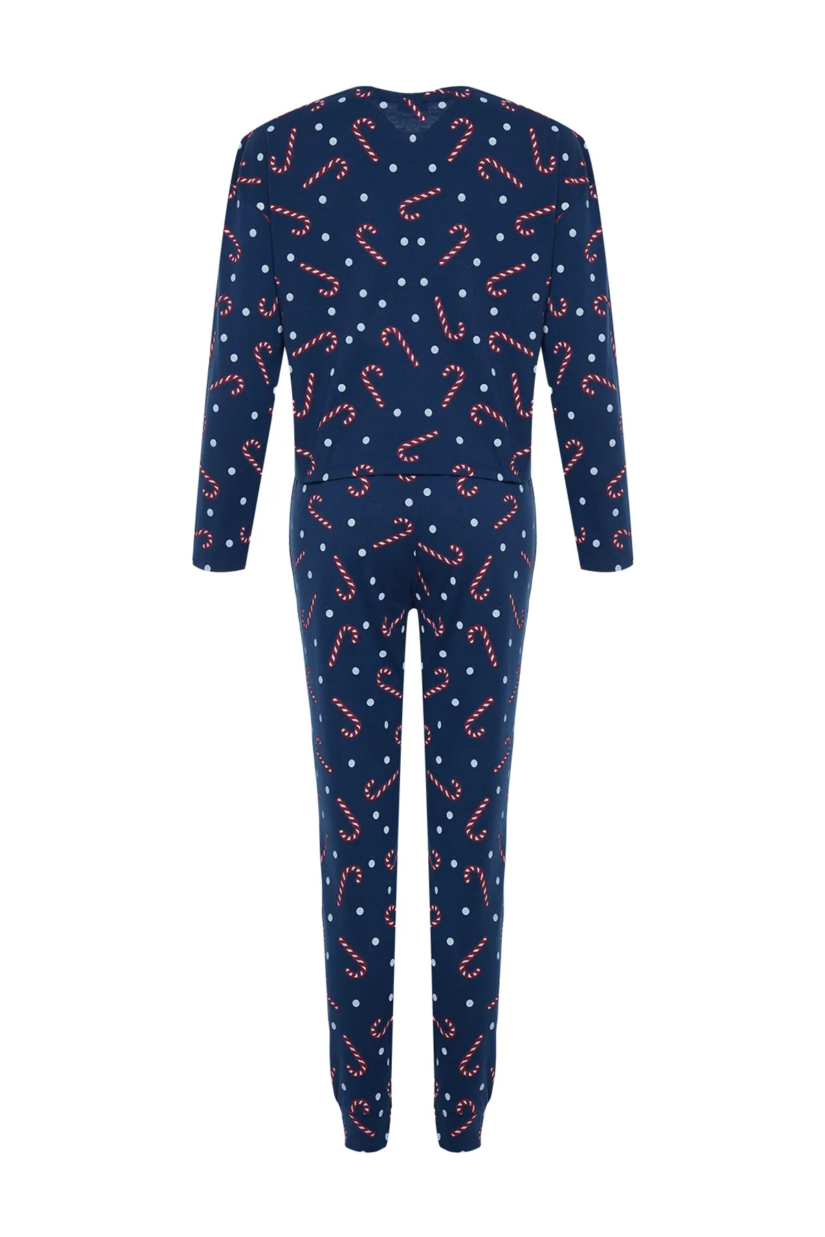 Trendyol Collection  Marineblaues T-Shirt-Jogger-Strick-Pyjama-Set aus 100 % Baumwolle mit Neujahrsmotiv THMAW21PT0771