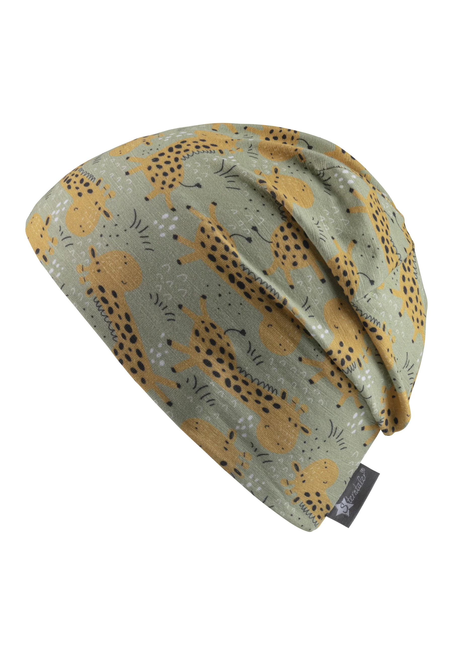 Beanie bedruckt mit Allover-Giraffen Motiv in grün