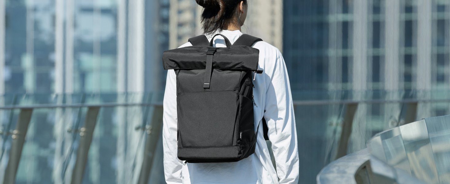 Inateck Laptoprucksack RollTop Rucksack 25L-30L, Tagesrucksack kompatibel mit 17 Zoll Laptops, mit Kopfhörer-/Ladeanschluss und separatem Schuhfach