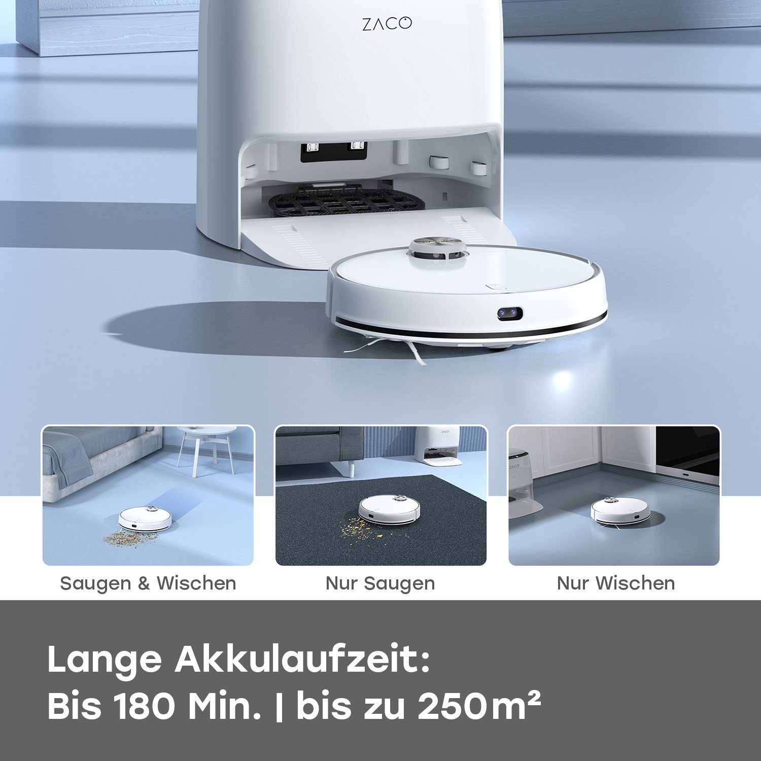 ZACO Nass-Trocken-Saugroboter ZACO M1S, 50 W, beutellos, Waschstation reinigt das Wischtuch alle 10m² mit sterilem Wasser, App