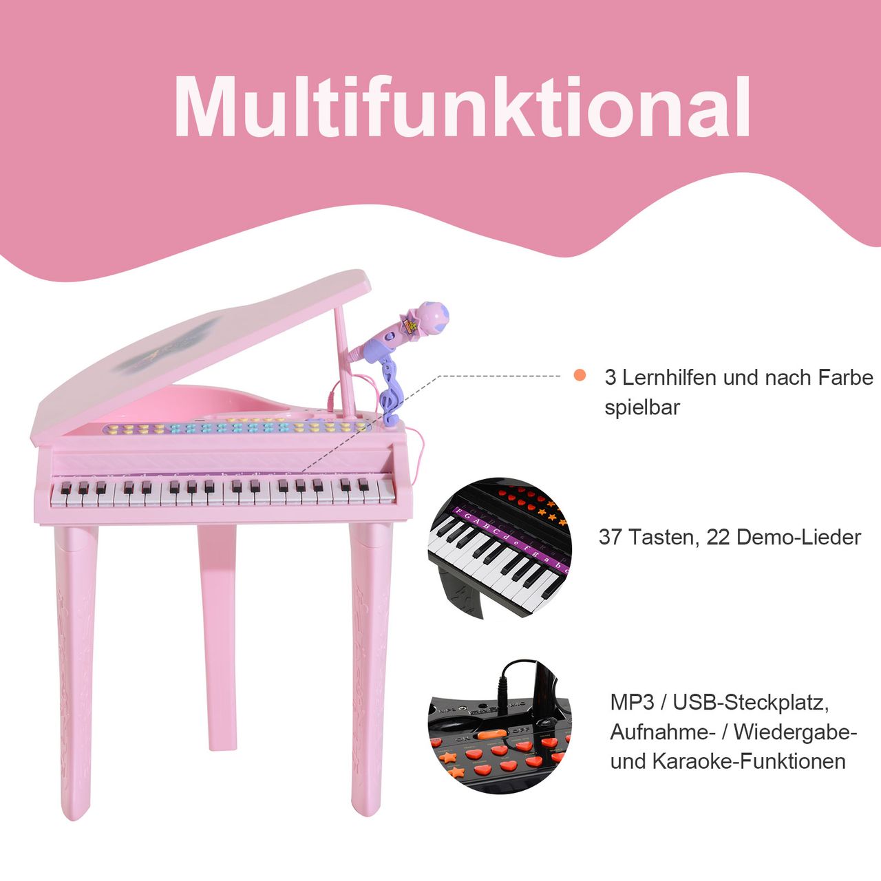 HOMCOM Kinder Klavier Mini-Klavier Piano Keyboard Musikinstrument MP3 mit Hocker