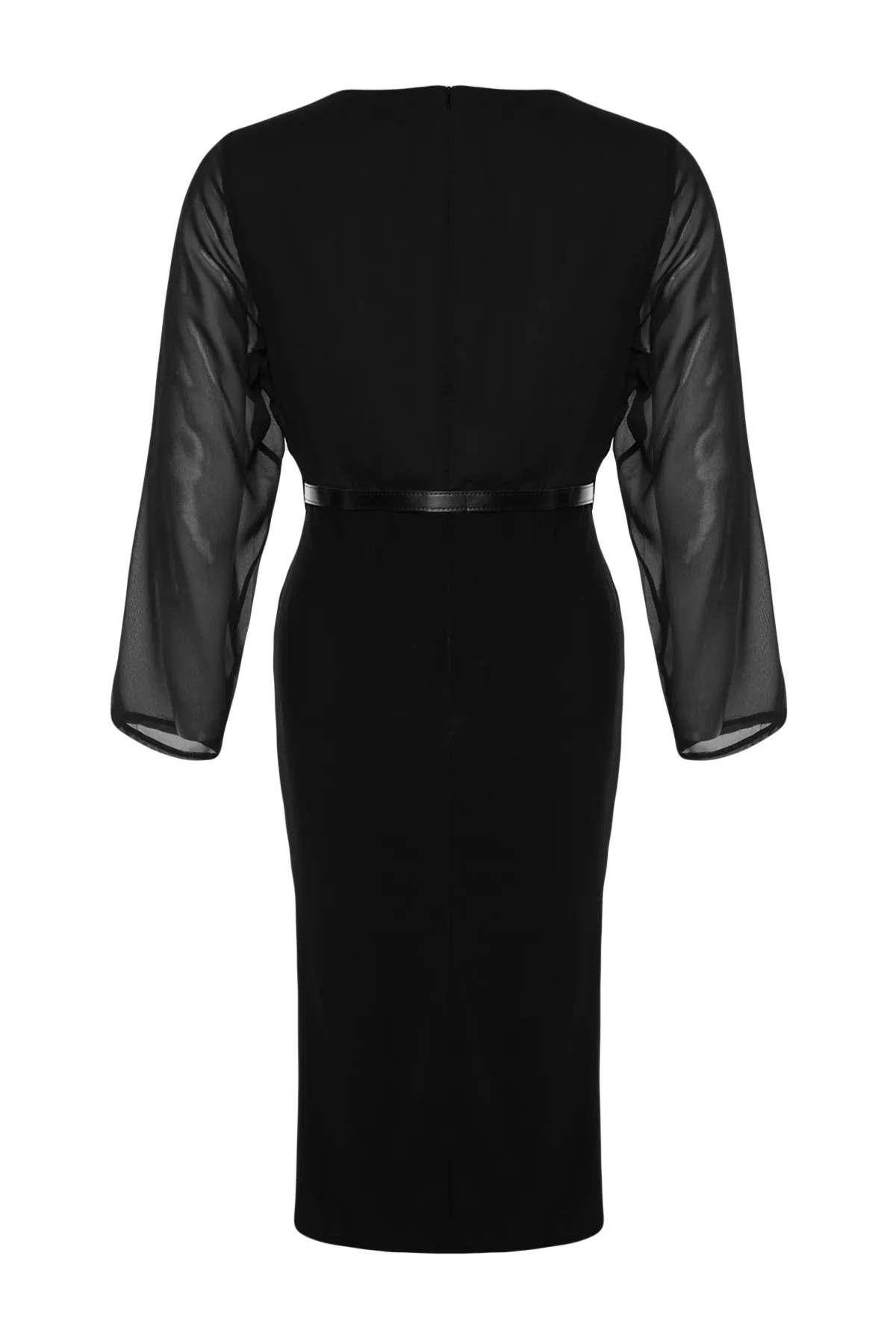 Trendyol Curve  Schwarzes, tailliertes Midikleid aus Webstoff mit Gürteldetail TBBAW24AH00057