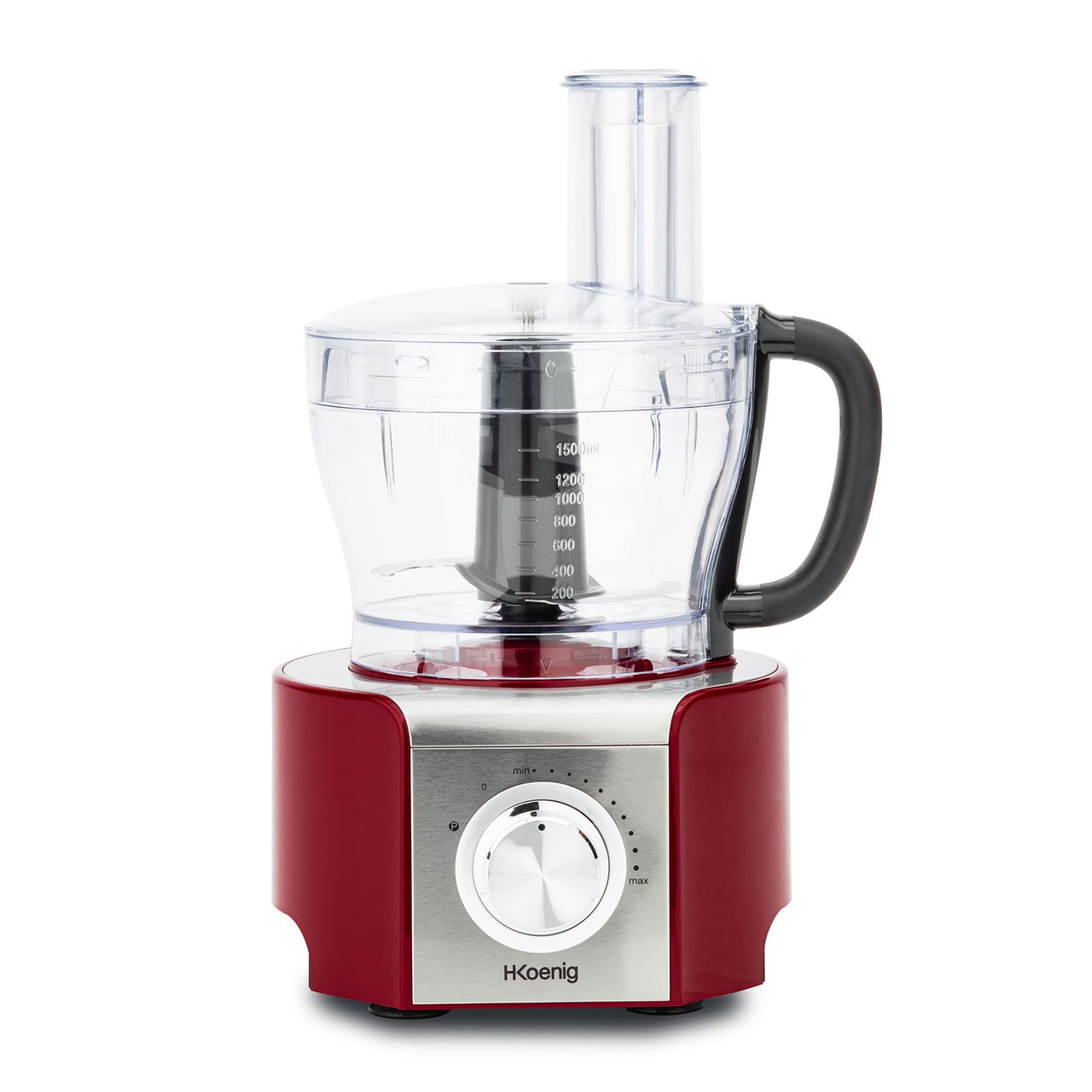 H.Koenig MX18 Multifunktionale Küchenmaschine Rot Professionell Kompakt, Mixbehälter 1,5 L, Glas-Mixer mit Graduierung 1,5 L, 4 Stahlscheiben Klinge Spatel, 8 Funktionen, Leistungsstark 800W