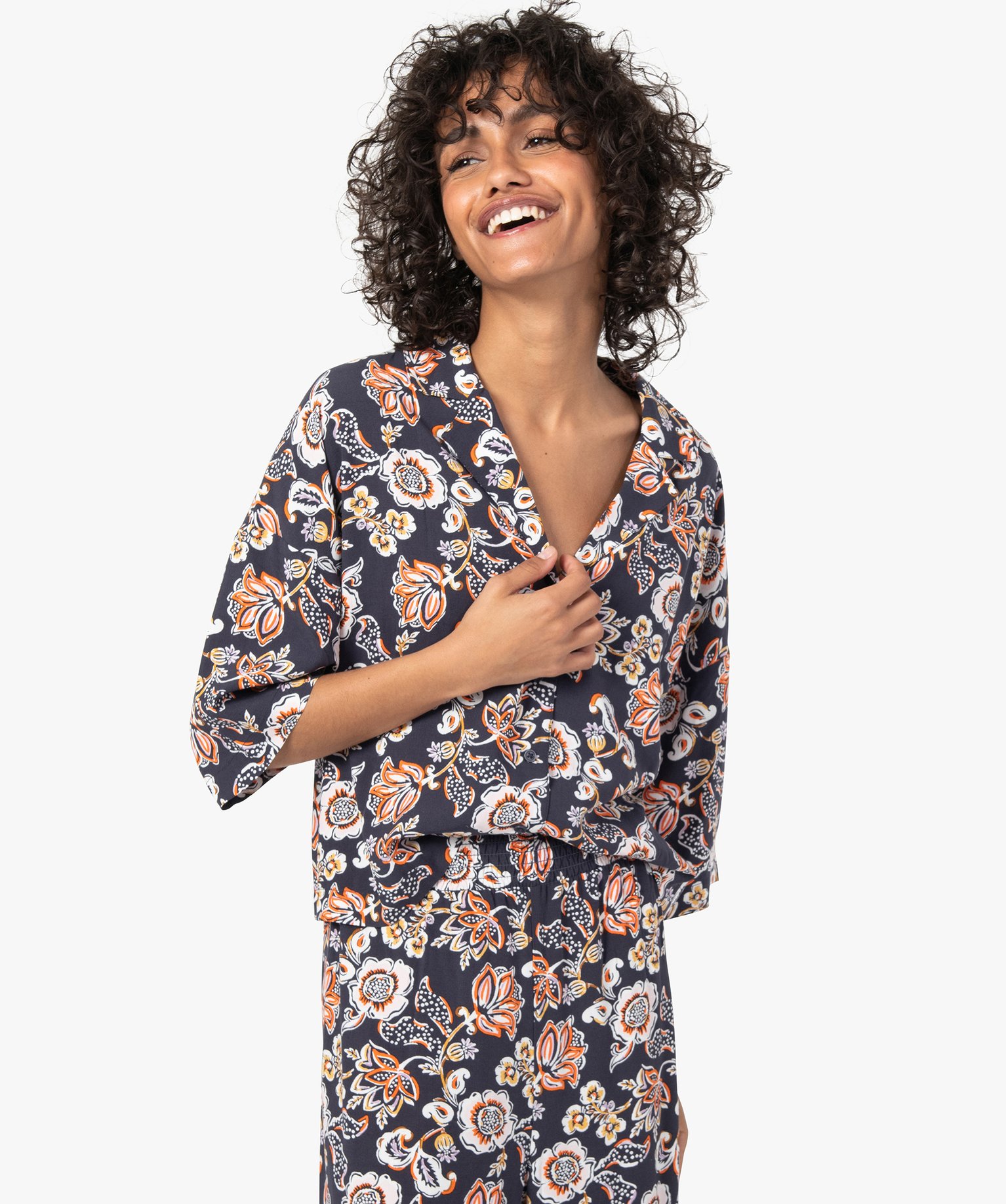 Haut de pyjama femme forme chemise à motifs fleuris multicolore | GEMO