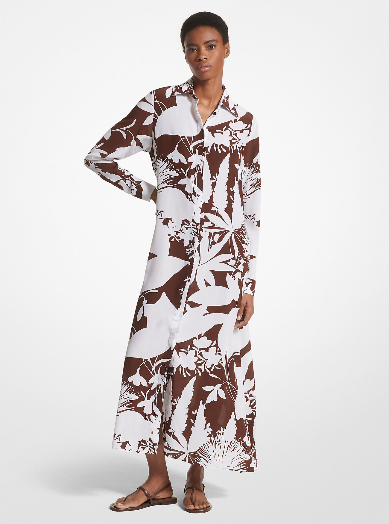 Shadow Floral Silk Crepe De Chine Shirtdress - NUTMEG/OPTIC WHITE