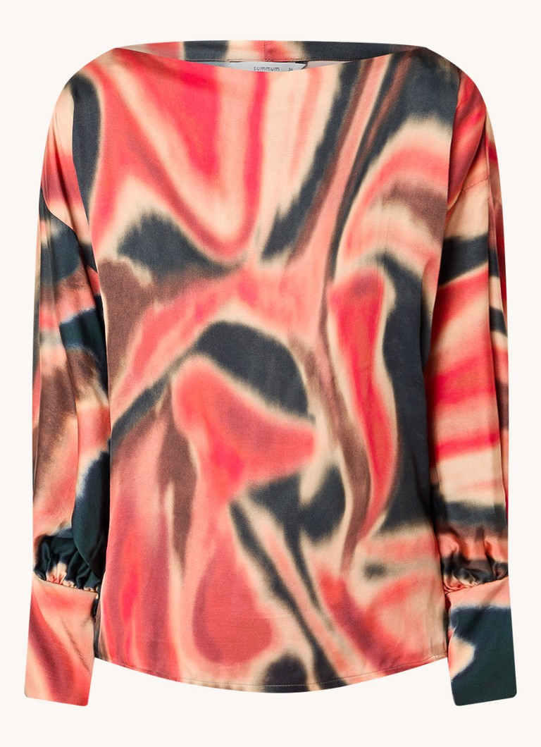 Summum Satin top with tie-dye design and boat neckline