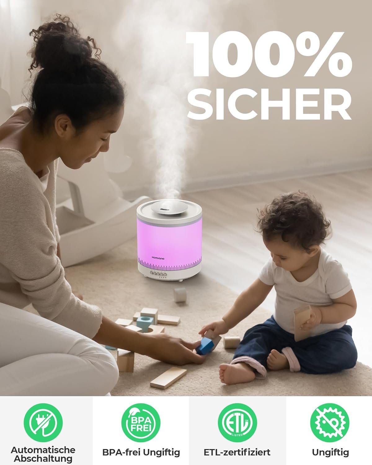 Homvana Luftreiniger, Schlafzimmer,1,8L Top-Fill, Cool Mist 30H Dauerhaft, Kinderzimmer Baby