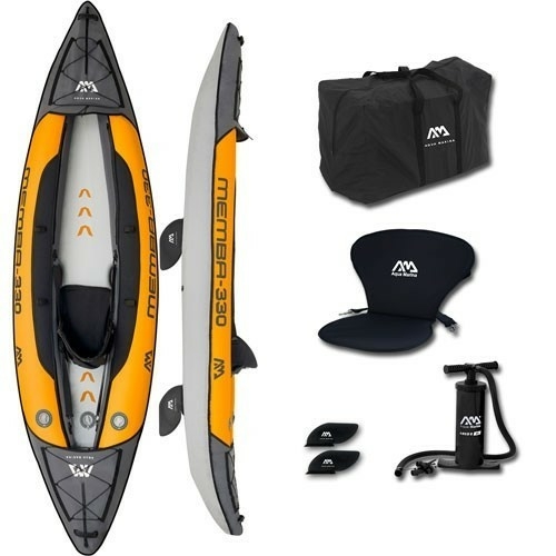 PureHaven Aqua Marina Kajak 330x90 cm für 1 Person mit Luftsitz verstellbarer Lehne Transporttasche Reparaturset und Handpumpe strapazierfähig Orange/Anthrazit
