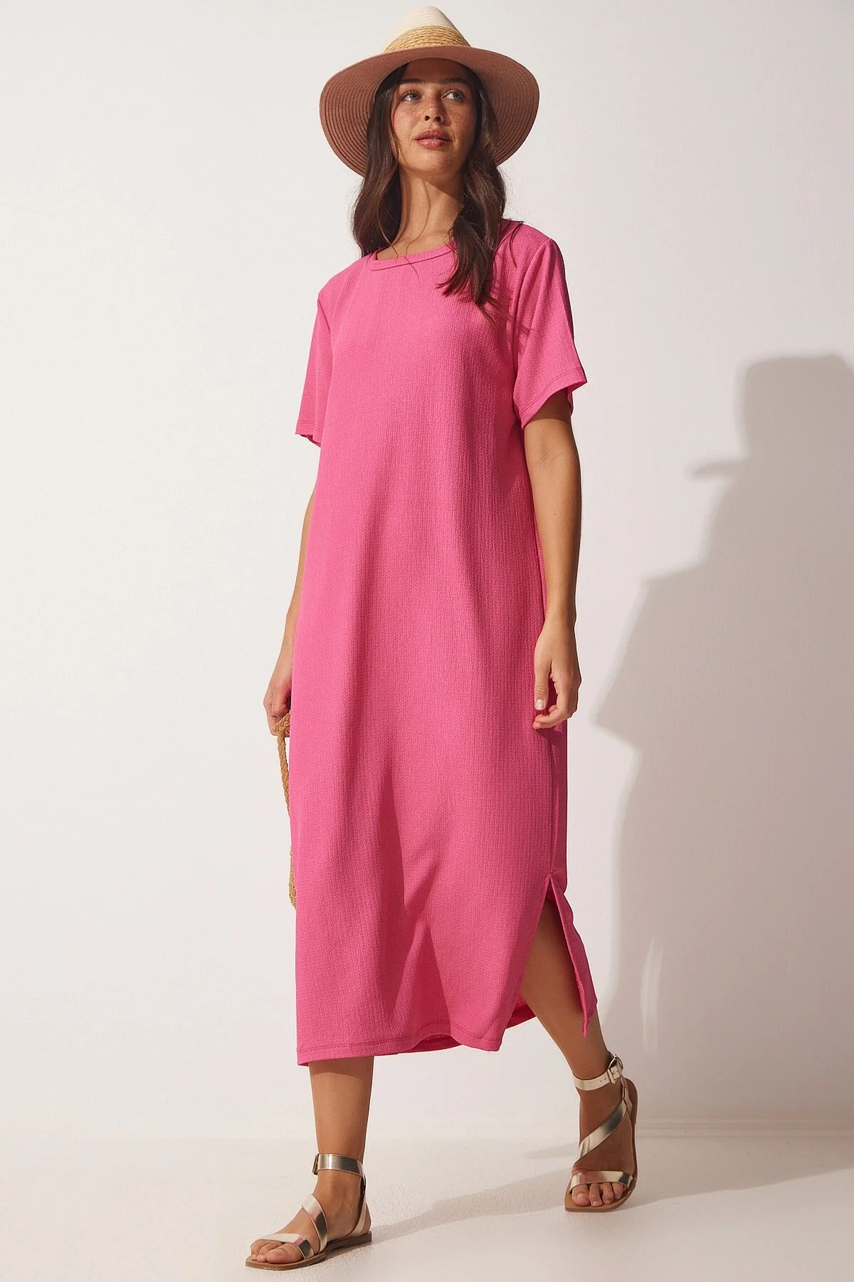 Happiness İstanbul  Rosafarbenes, lockeres, langes, tägliches Sommer-Strickkleid für Damen DZ00076