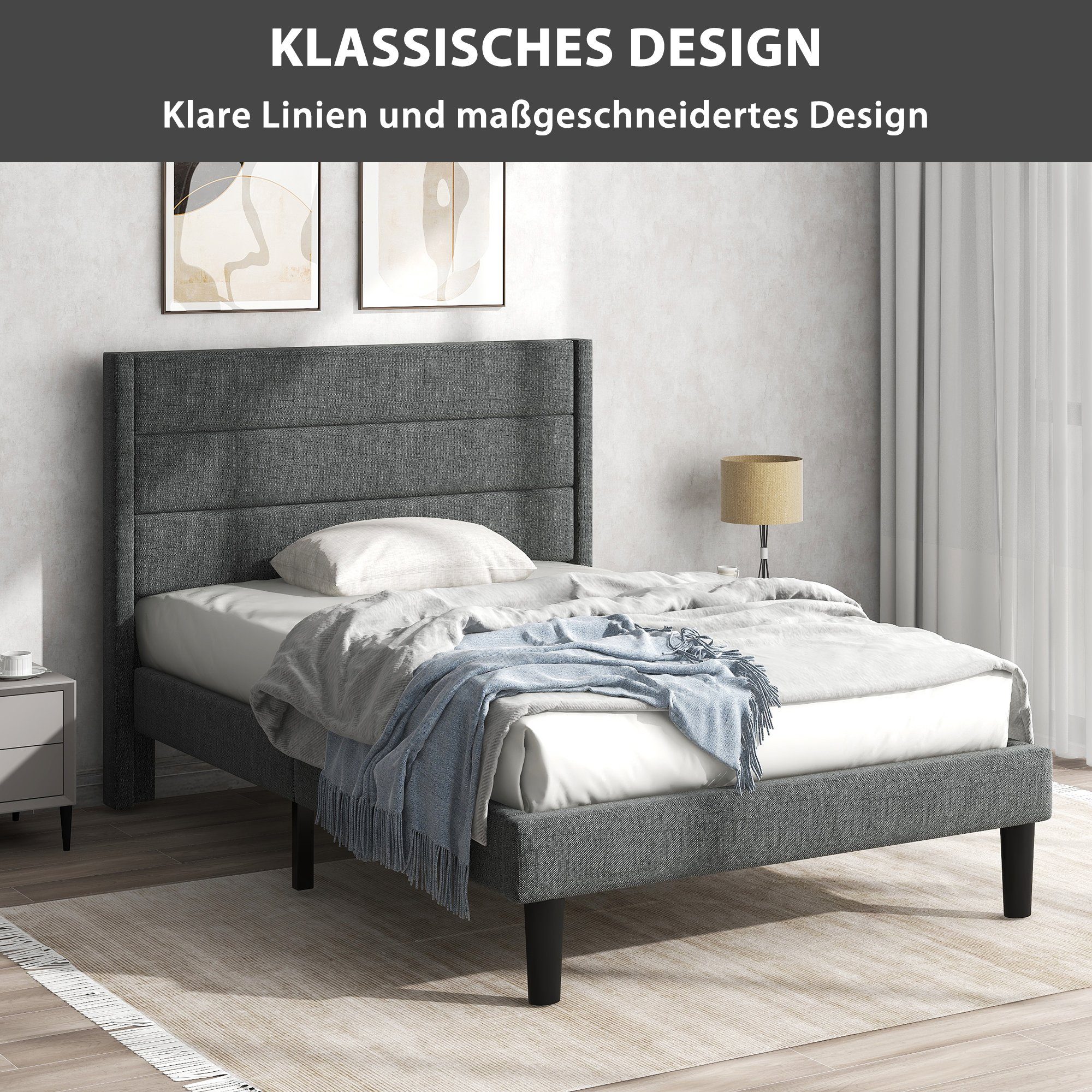 Flieks Polsterbett, Holzbett Einzelbett mit Lattenrost Leinen 90x200cm